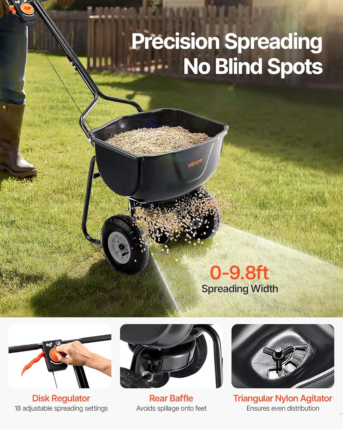 VEVOR Broadcast Spreader, 60LBS Capacity, Walk-Behind Push Spreader, 0-9.8 ft Spreading Width, 10 in All Terrain Pneumatic Tires, Lawn Spreaders with Hopper Grate, for Seed, Fertilizer, Salt, Ice Melt