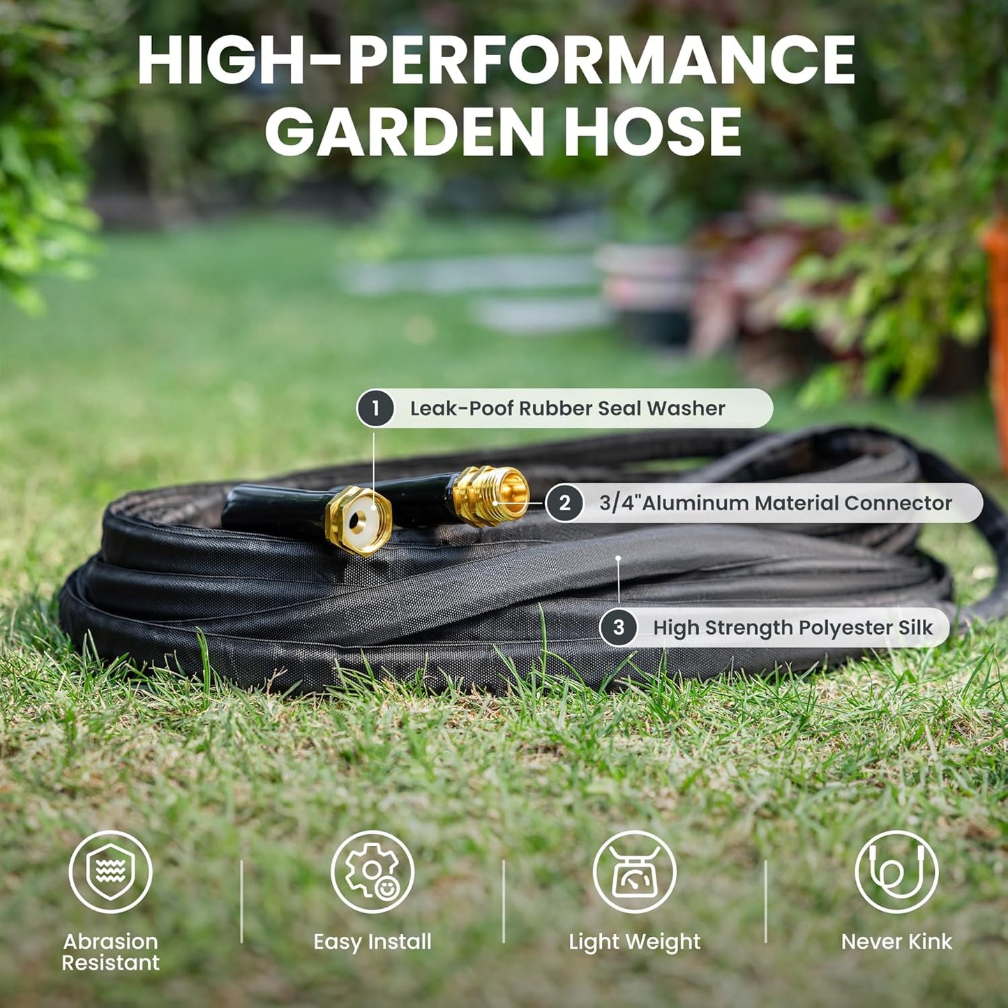 Giraffe Tools Garden Hose 25FT Lightweight Lay Flat Water Hose Kink Free Flexible Hose with 9 Spray Function Nozzle, Black