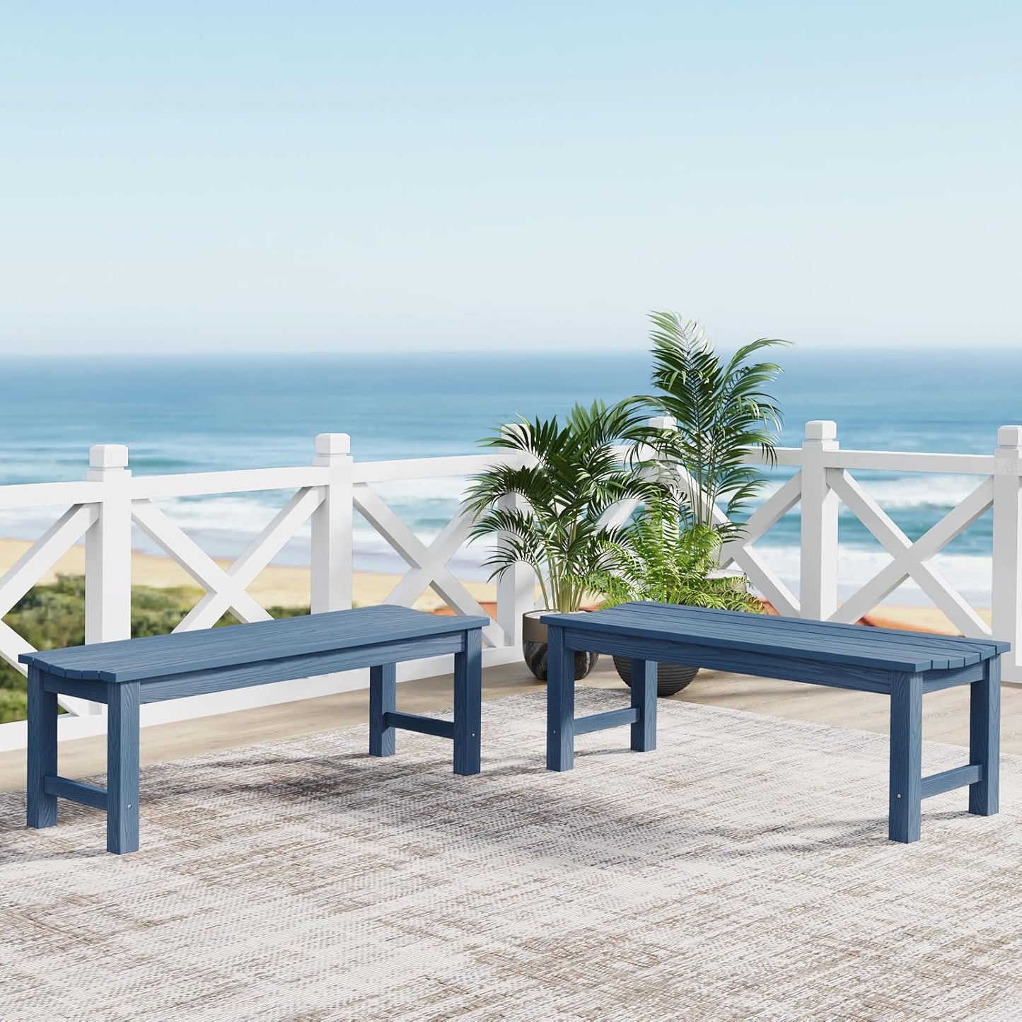 Outdoor Bench Set of 2, 2-Person Patio Backless Benches, HIPS Weatherproof Garden Bench That Never Rot and Fade, Suit for Backyard, Church, Patio, Deck and Entryway (Blue)