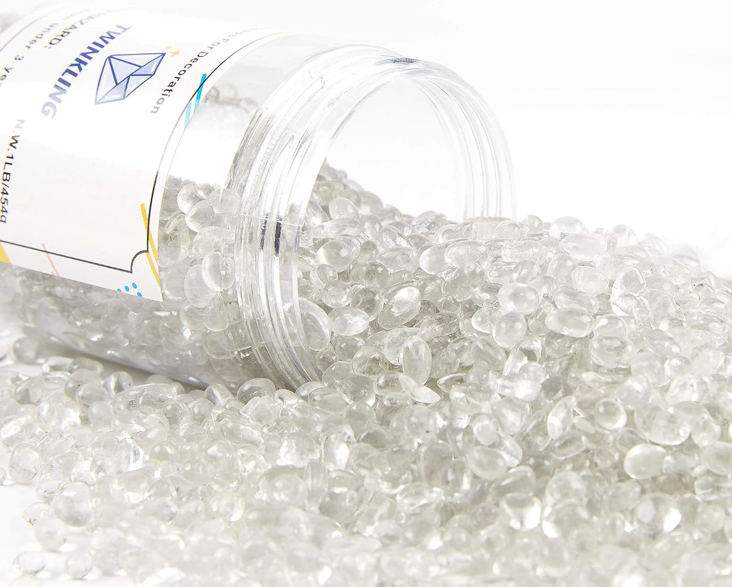 TWINKLING High Luster Round Fire Glass Stones,Glass Marbles Pebbles,Glass Beads Gems for Fire Pit Vase Fillers Crafts Aquarium Garden Decoration,3-6mm,1-Pound Jar (Crystal)