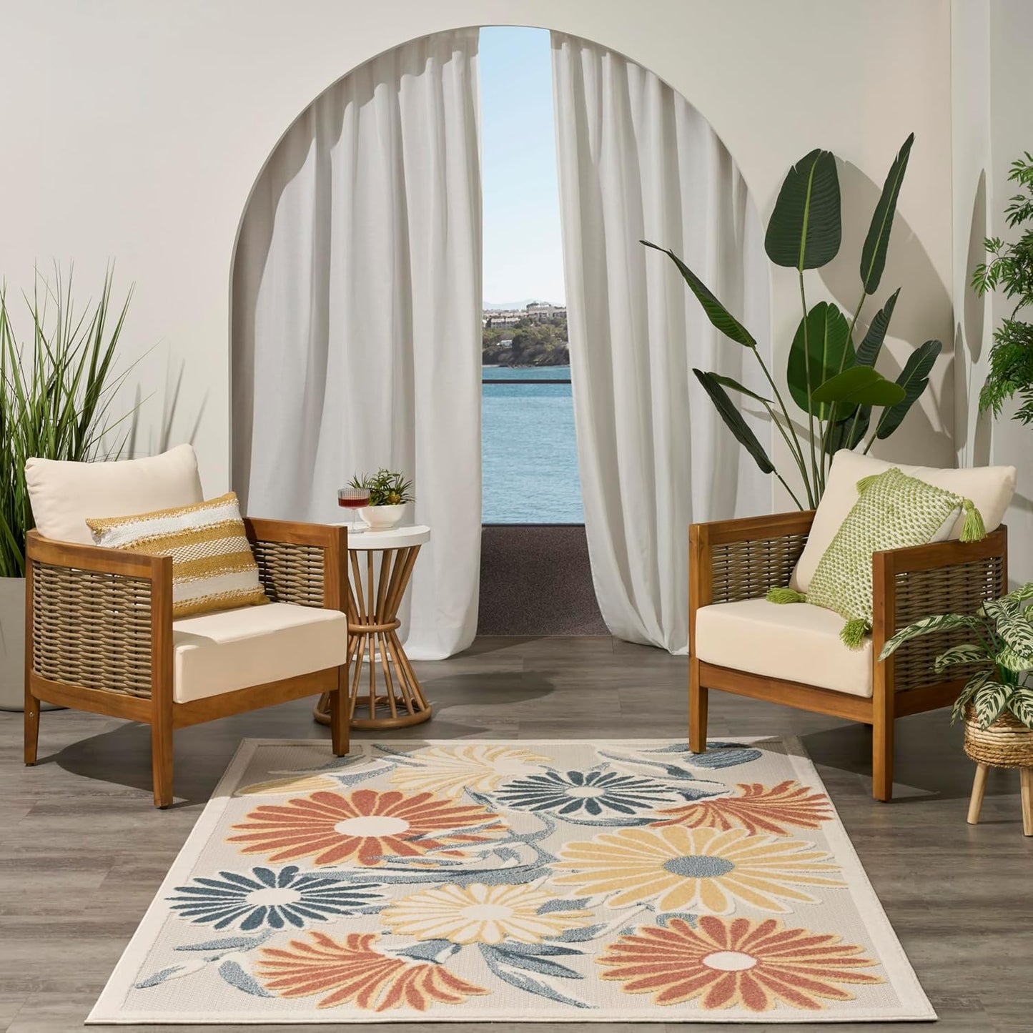 Nourison Aloha Ivory Rose 3'6" x 5'6" Area Rug - Easy Clean, Non Shedding, Bed Room, Living Room, Dining Room, Kitchen (4' x 6')