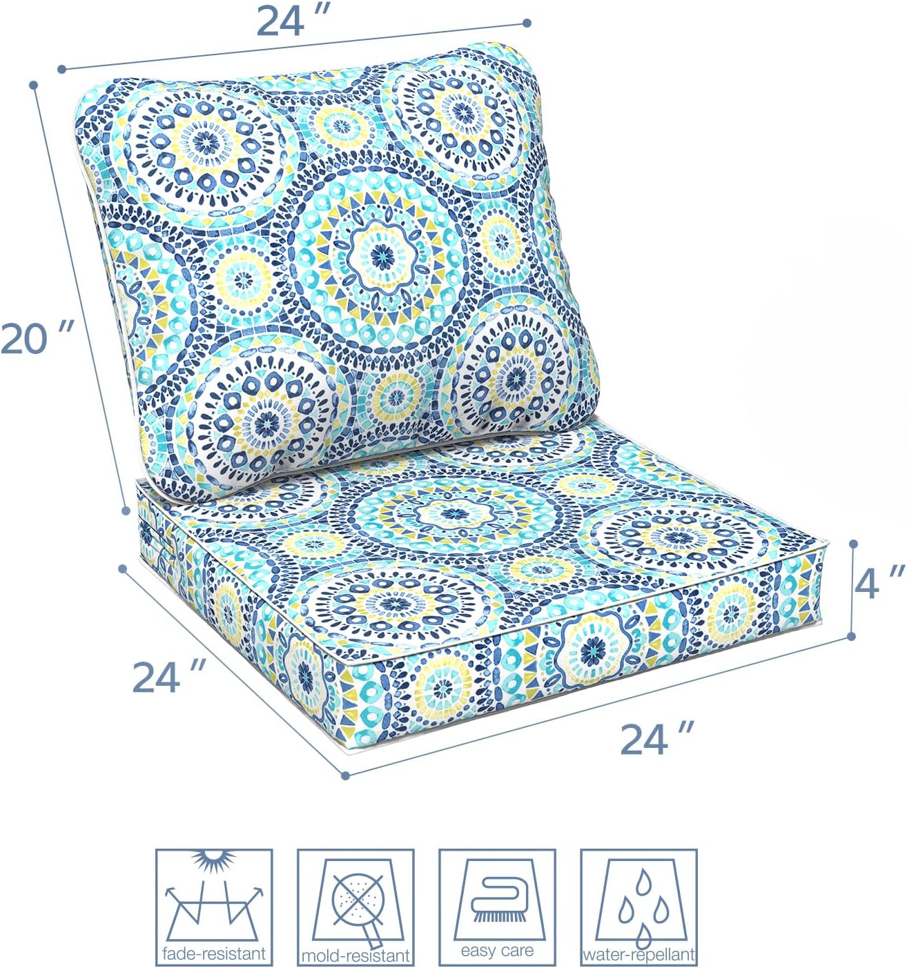 LVTXIII Outdoor Deep Seat Cushion Patio Seat and Back Cushion Set Seasonal Chair Cushion with Removable Cover and Adjustable Buckle for Home and Garden, 24"x24"x4", Delancey Lagoon