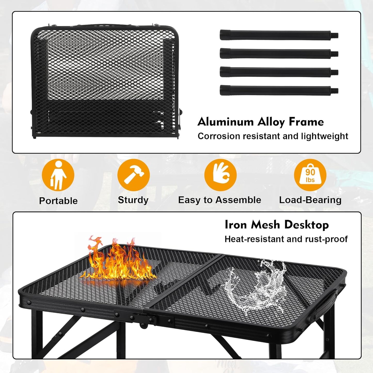 Camping Table with Mesh Desktop, Lightweight & Portable Small Folding Grill Table, Height Adjustable Metal Outdoor Table for Camp, Cooking, BBQ, RV, Picnic-2 FT Black
