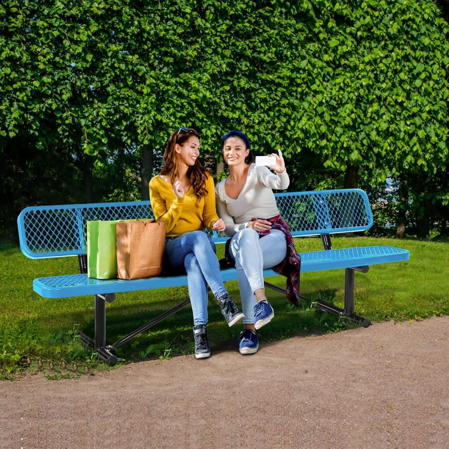Thermoplastic Coated Iron Park Bench for Outside, Heavy Duty Metal Garden Bench, Expanded Commercial Grade Seating for Shopping Malls, Lawn Yard Porch Entryway (Blue with Backrest, 96IN)