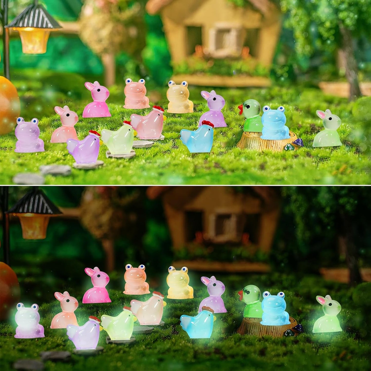 Mini Resin Animals Figures to Hide 72 PCS Luminous Tiny Miniature Figurines Bulk Glow in The Dark Include Baby Ducks Small Chicken Rabbits Frogs for Garden Micro Landscape Aquarium Potted Dollhouse