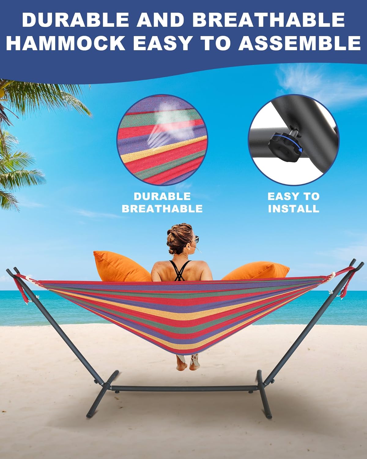 Double Hammock with Heavy-Duty Steel Stand,Portable,Easy Assembly,600lbs Weight Capacity,Suit for Indoor,Yard,Camping,or Outdoor-Wide Red