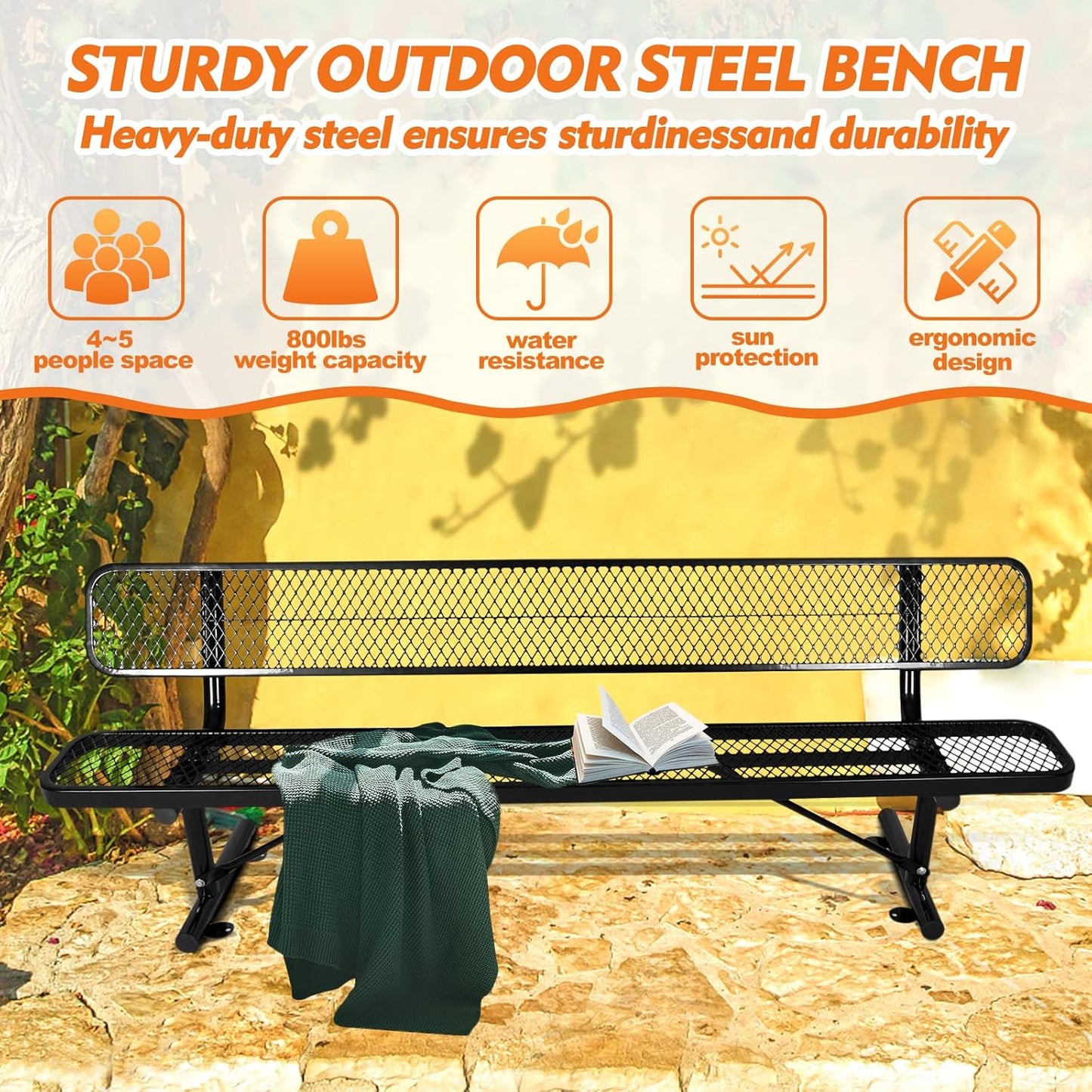 8FT Heavy Duty Park Bench with Back Portable Frame, Outdoor Metal Park Bench with Backrest, Steel Mesh Outdoor Bench for Garden, Lawn, Patio, Porch, Park, Yard (Black, 94.1" D x 23.2" W x 32.5" H)
