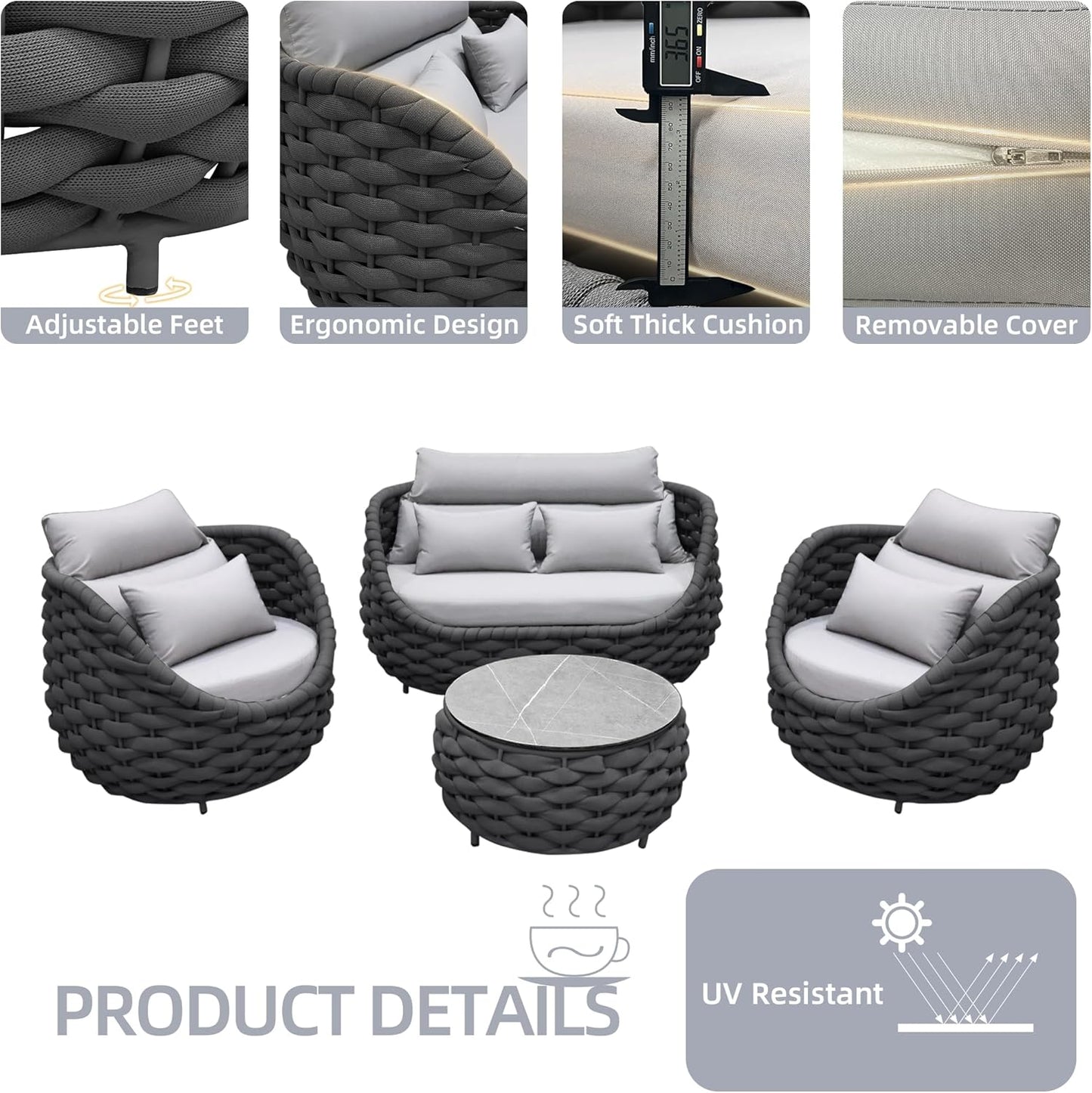 TWT Patio Furniture Sofa Set 4 Pieces Aluminum Outdoor Furniture w/27.8in Coffee Table,Patio Conversation Set with Dark Grey Textilene Rope Grey Cushions for Sunroom Backyard Poolside Indoor