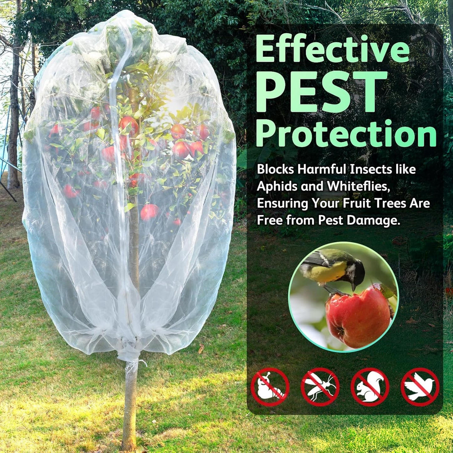 JOJOLEE Fruit Tree Netting for Garden Protection, 2Pcs 9.8 x 9.8FT Insect Bird Nettings with Zipper and Drawstring, Plant Cover Mesh Net Bags for Blueberry Bushes, Tomatoes, Flowers