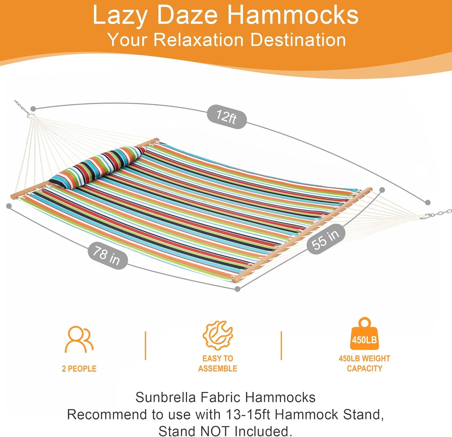 Lazy Daze 12 FT Sunbrella Fabric Hammock with Spreader Bars and Free Pillow Fits for Two Persons, All Weather and Fade Resistant for Patio Yard, 450 lbs Weight Capacity, Carousel Confetti
