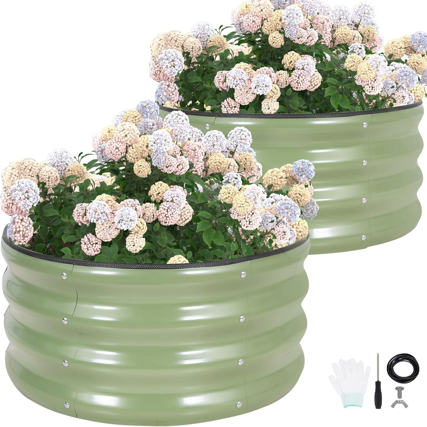 G GOOD GAIN Round Raised Garden Bed - 2Pcs 2x2x1ft Galvanized Steel Planter Boxes Outdoor with Rubber Edge Trim | Metal Raised Beds for Gardening Vegetables Flowers Fruits Herbs (Olive Green)