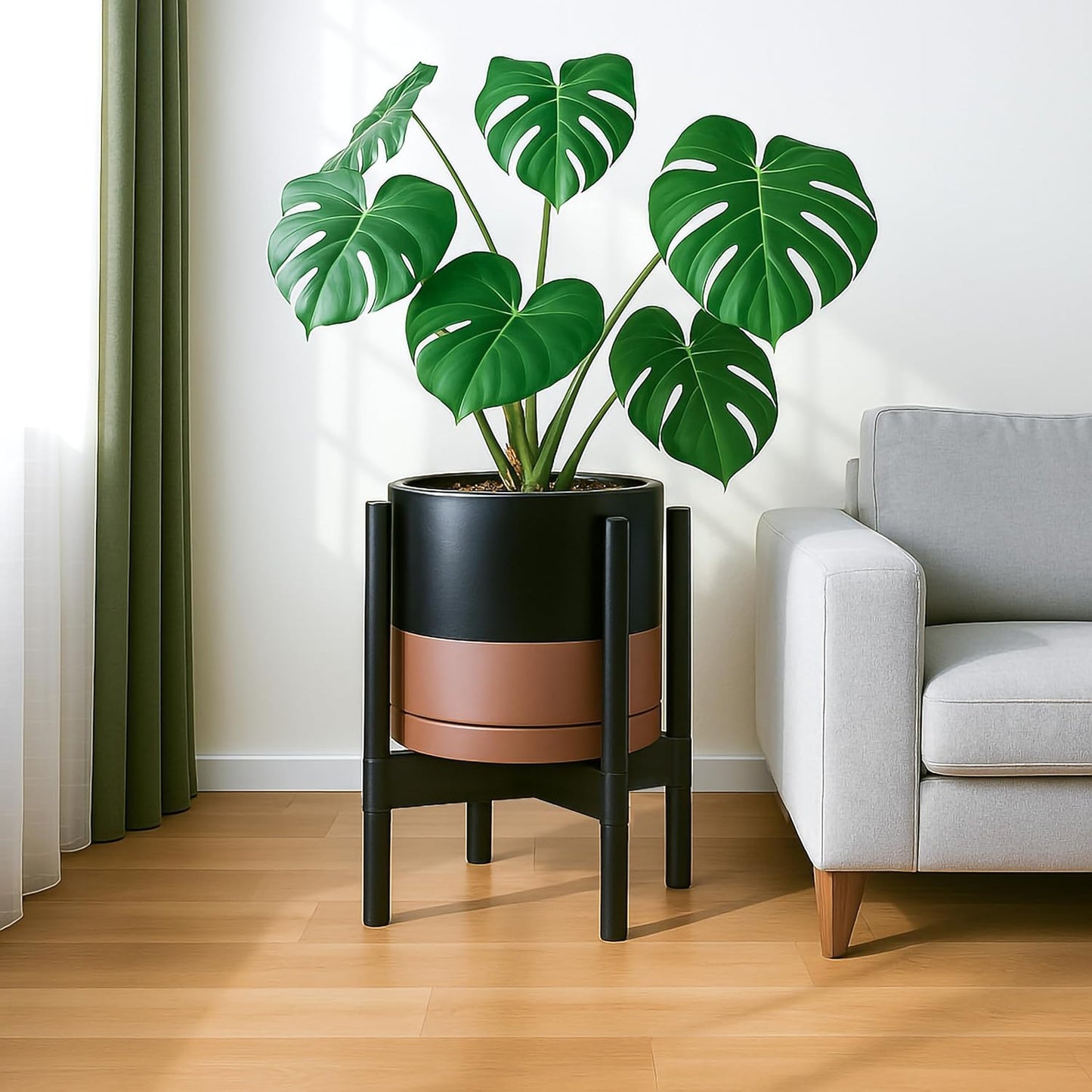 D'vine Dev Ceramic Planter with Ebony Stand - 12 Inch Modern Round Flower Pot with Wood Planter Holder, Black/Speckled Tan, 55-B-H-7