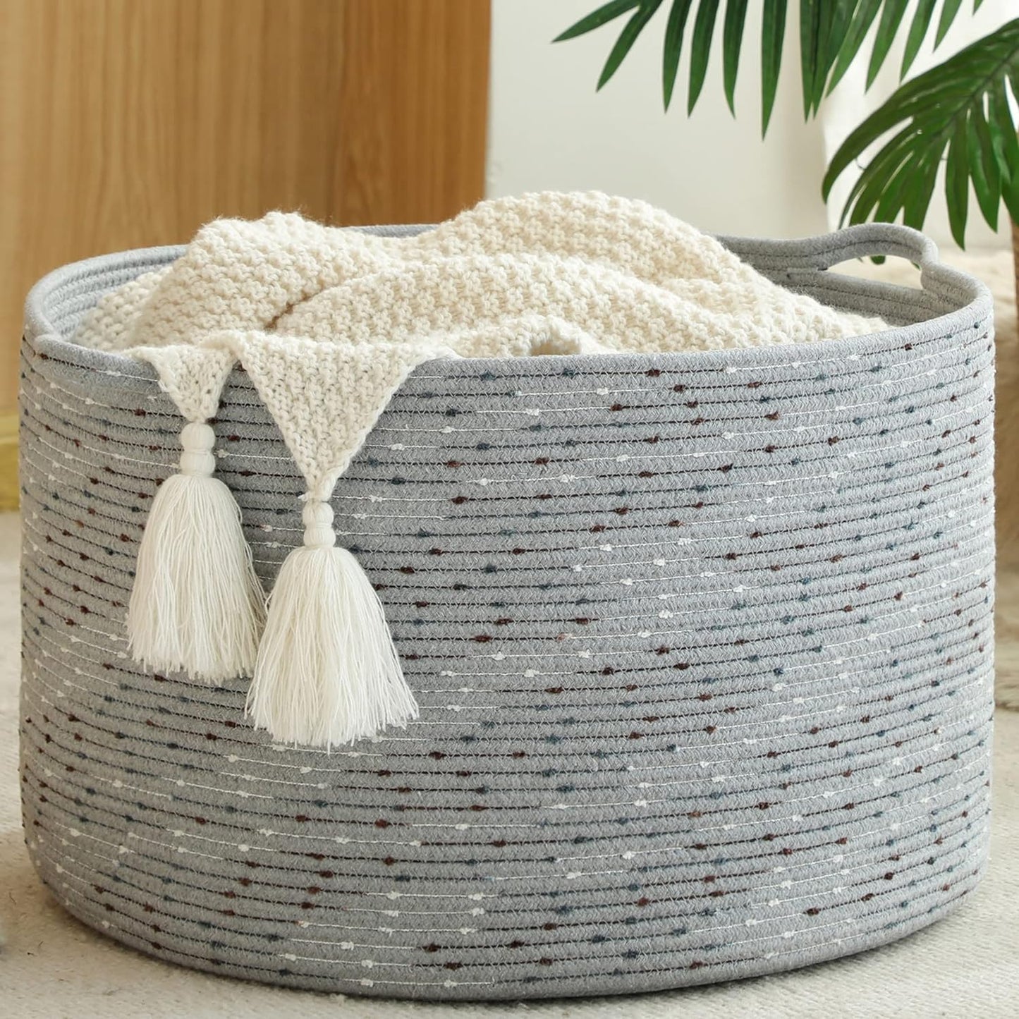 KAKAMAY Large Blanket Basket (20"x13"),Woven Baskets for storage Baby Laundry Hamper, Cotton Rope Blanket Basket for Living Room, Laundry, Nursery, Pillows, Grey with Blue & Brown Dotted