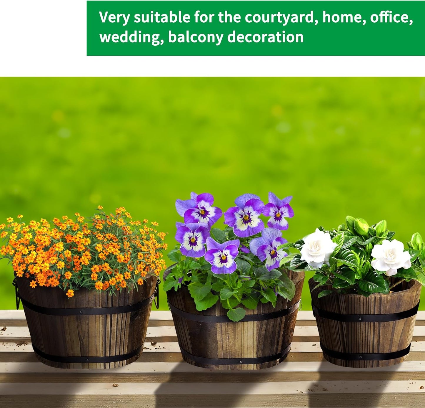 Adnee 3 Pcs Wooden Whiskey Barrel Planters - 3 Sizes Wooden Bucket Barrel Garden Planters Set - Rustic Flower Planters Pots Container for Indoor Outdoor Garden Home Plants(5.3",7.3",8.3")