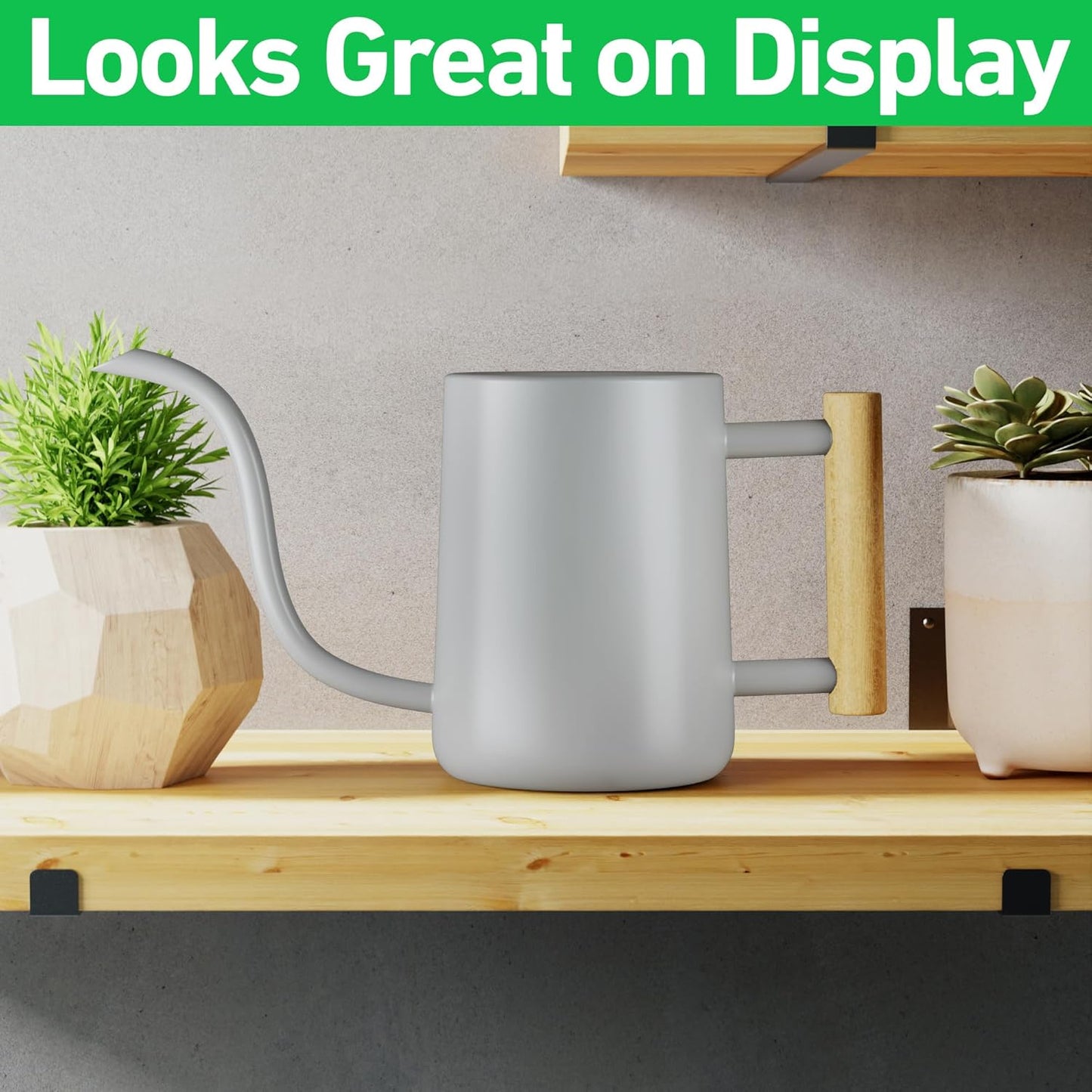 35 oz Metal Small Indoor Watering Can with Long Spout & Real Wood Handle for House Plants, Succulents, Cacti & Seedlings - Gray Long Spout Watering Can Indoor Plants - Stylish, Gentle Flow, No Spills