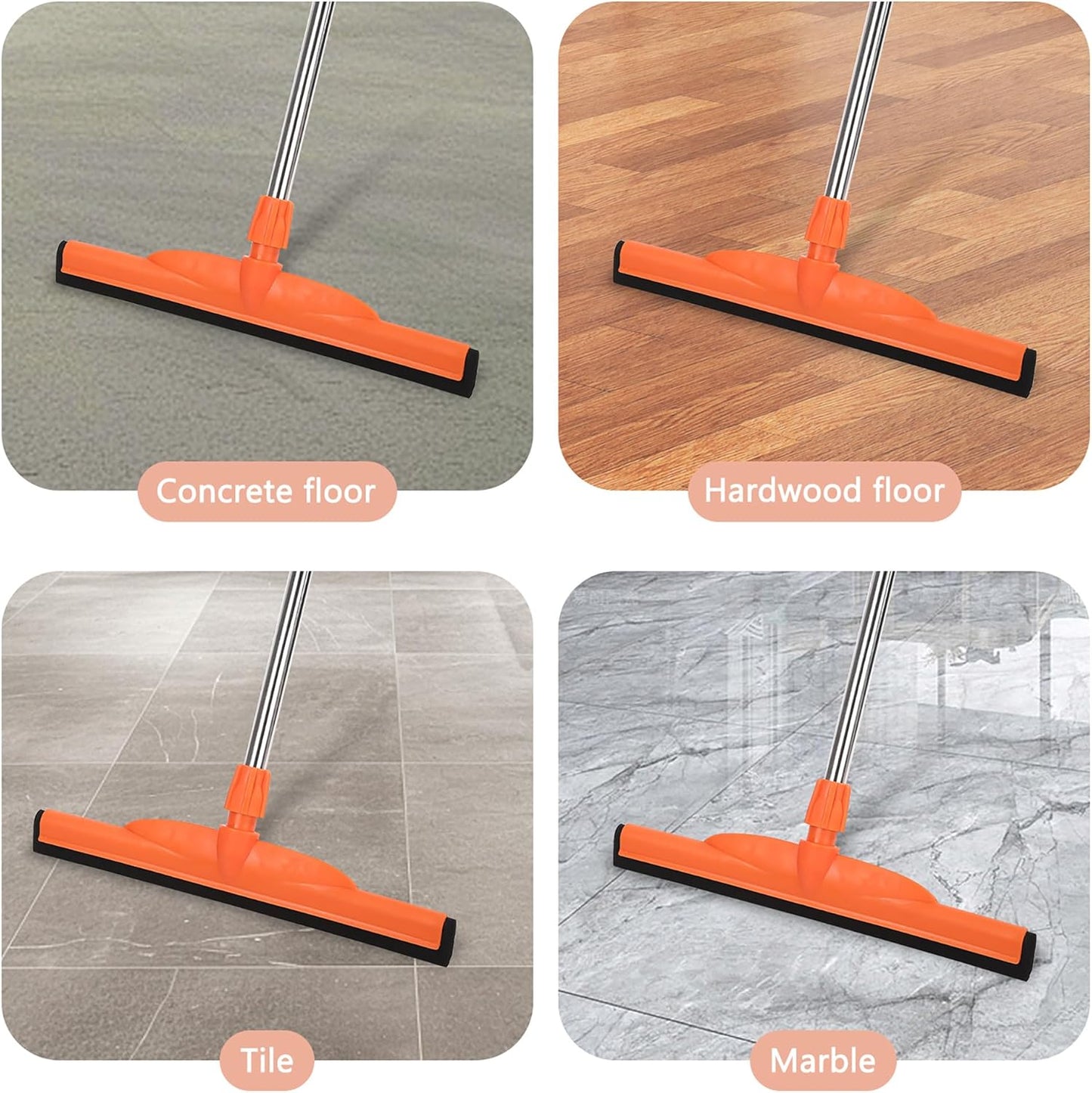 Floor Squeegee Scrubber, 17'' Heavy Duty Household Broom EVA Foam Blade Rubber Wiper Squeegee for Concrete Floor Garage Shower Bathroom Tile Scrubber 60'' Long Handle Multifunction Magic Broom(Orange)