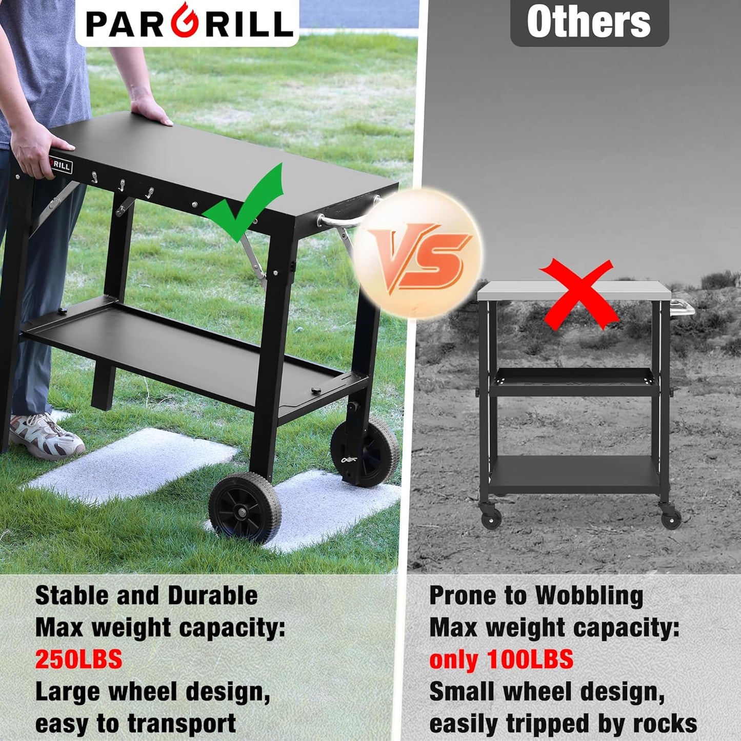 Outdoor Grill Table, Folding Grill Cart with Pull-out Side Table, Blackstone Griddle Stand, Fit 17 Inch Or 22 Inch, Stainless Steel BBQ Prep Station, Pizza Oven Stand