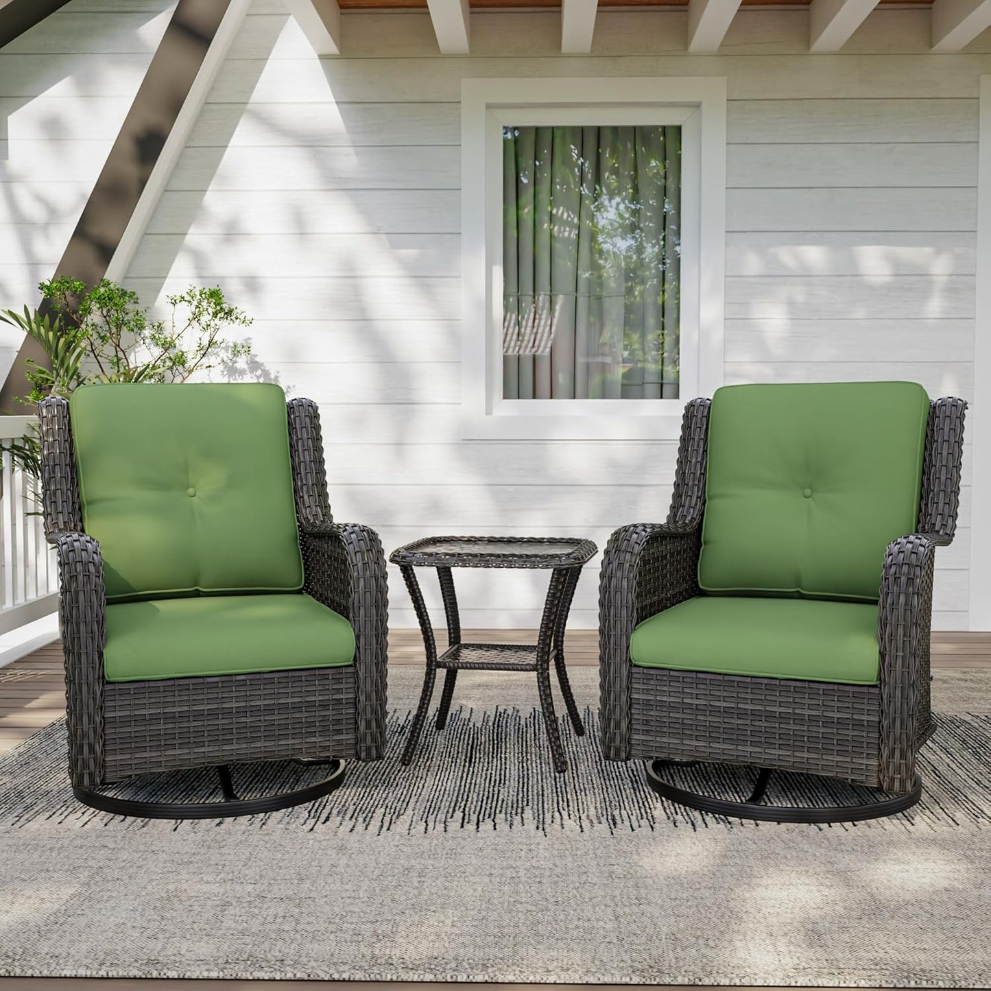 3 Pieces Outdoor Furniture Set - Patio Wicker Swivel Rocker Chair Set of 2 and 1 Side Table, Green, Mixed Brown Rattan, Suitable for Porch, Yard