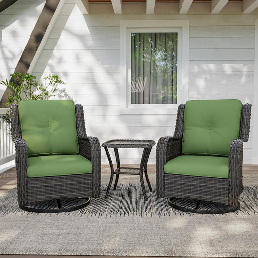 3 Pieces Outdoor Furniture Set - Patio Wicker Swivel Rocker Chair Set of 2 and 1 Side Table, Green, Mixed Brown Rattan, Suitable for Porch, Yard