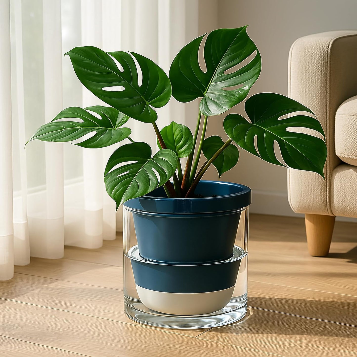 D'vine Dev 10 Inch Design Self Watering Planter for Indoor Plants, Blue Terracotta Pot with Cylinder Glass Cup, 37-X-D-4