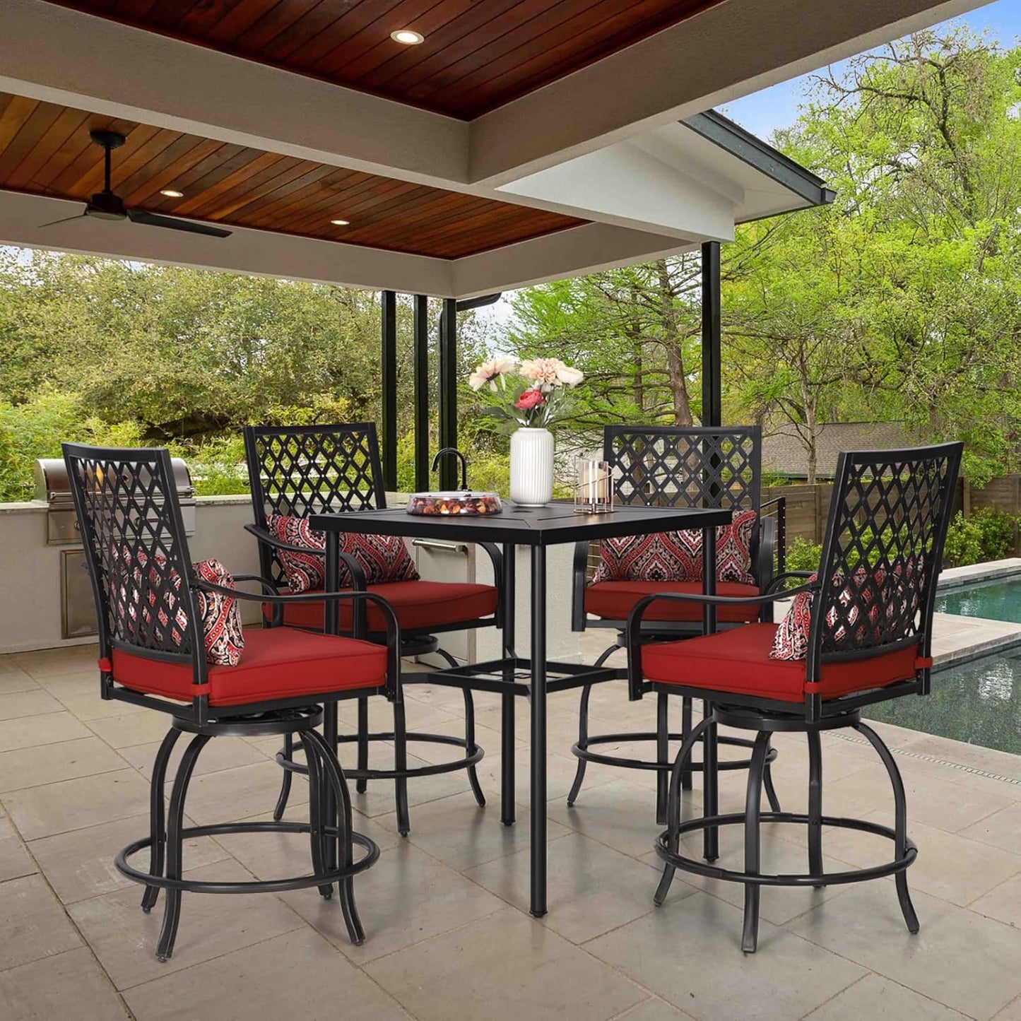Sophia & William Patio Bar Set 5 Piece Outdoor High Dining Table and Chairs, Metal Furniture Set with 4 Swivel Bar Stools with Red Cushion and 1 Square Bar Height Table with 1.89'' Umbrella Hole