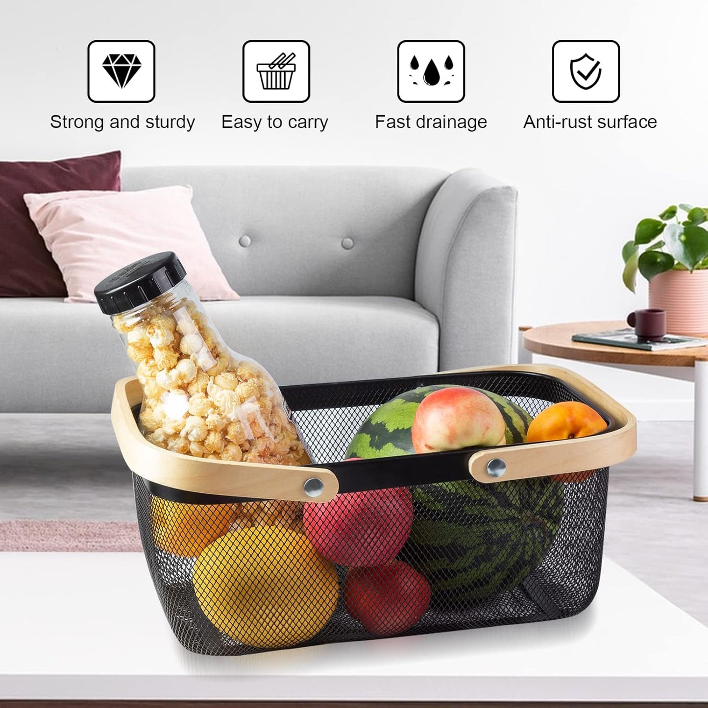 Portable Garden Harvest Basket-Mesh Design Natural Bamboo Handle Wire Storage Baskets,Mesh Basket with Handle Organize Items Reduce Space Occupation,Suitable for Kitchen,Garden,Picnic(Black)