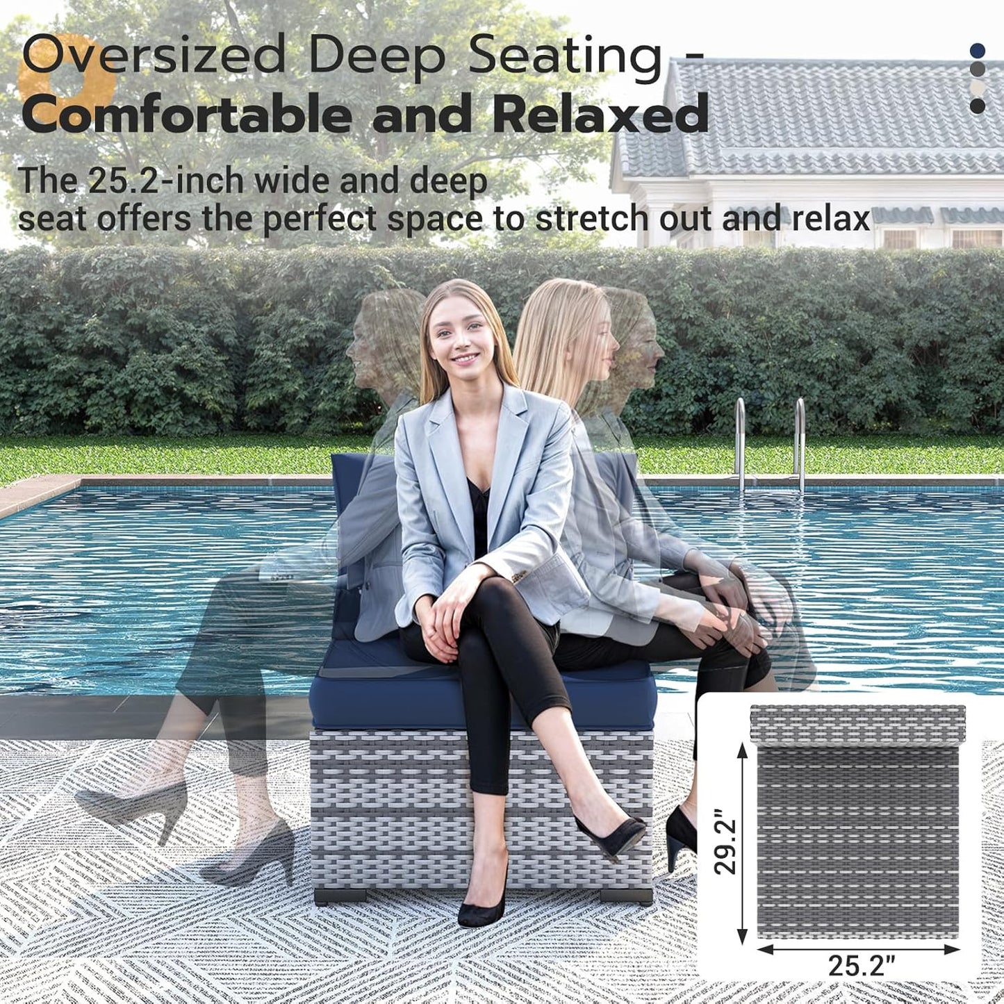 UDPATIO Patio Furniture Set with Fire Pit Table, 8 Piece Outdoor Sectional Modular Sofa, Wicker Outdoor Furniture Conversation Sets with Waterproof Cover for Backyard Deck(Grey/Navy Blue)