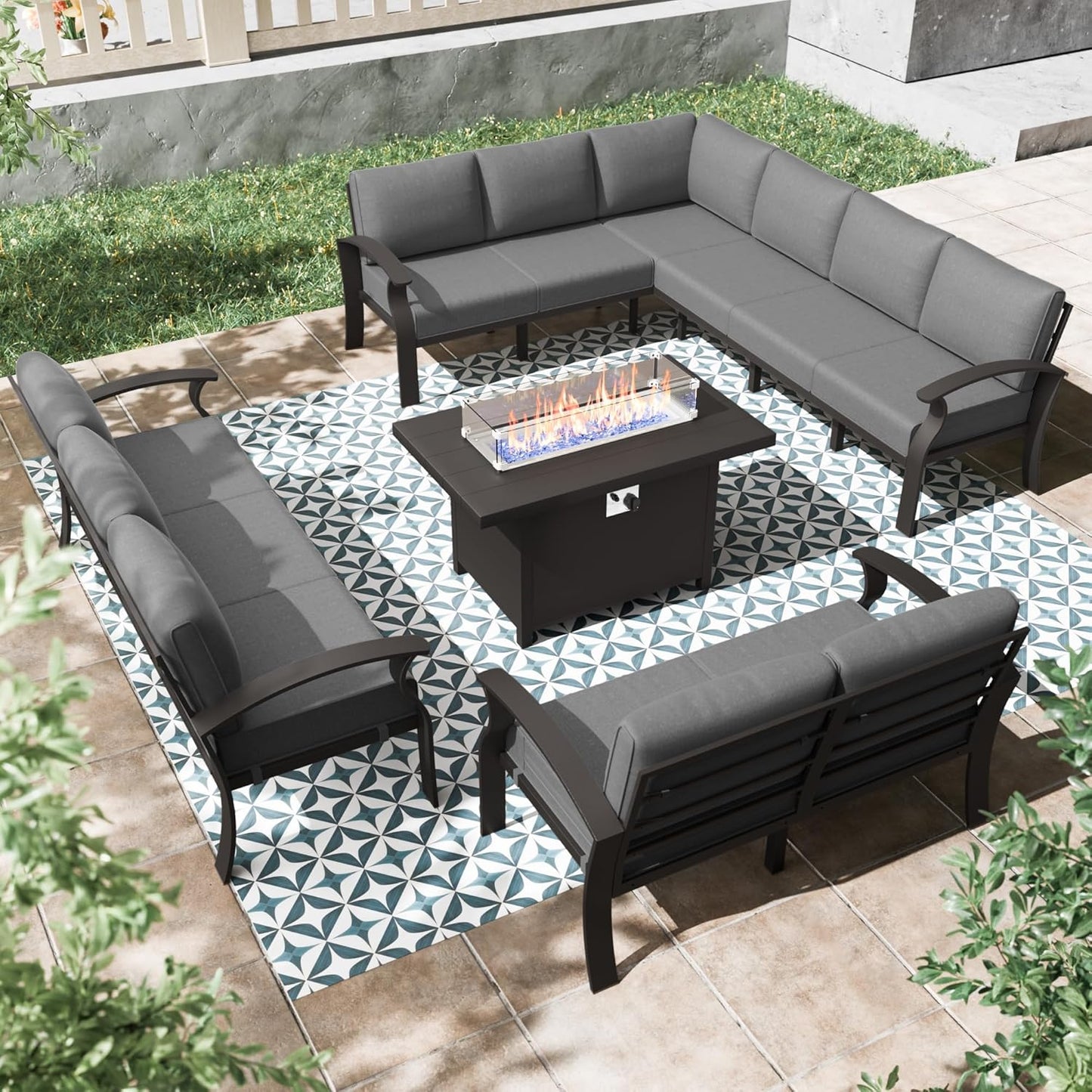 Aluminum Patio Furniture Set with Fire Pit Table, 11 Seats Outdoor Patio Conversation Set Modern Metal Patio Sectional Sofa with 5.1" Upgrade Cushions for Patio, Backyard(Grey).