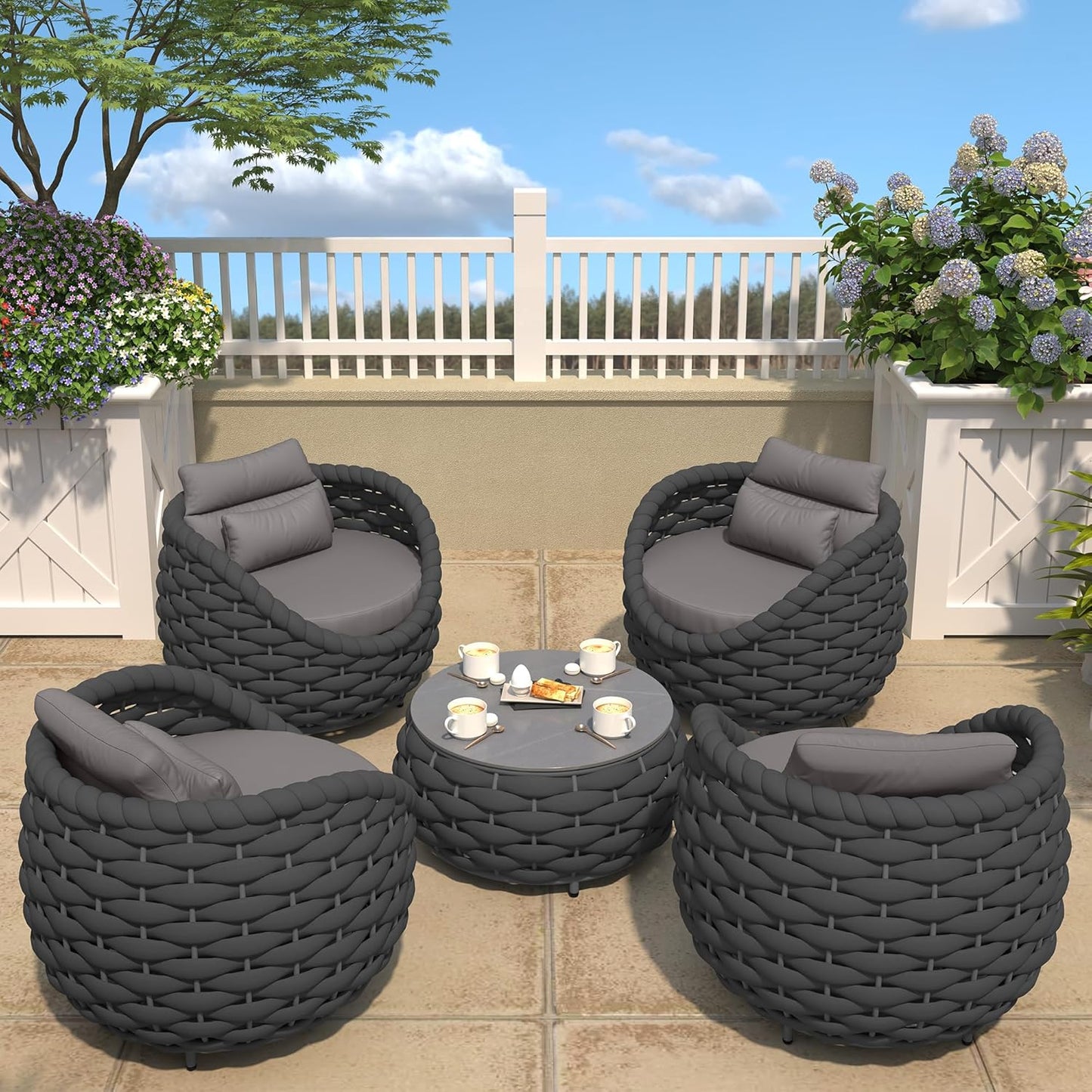 TWT Aluminum Outdoor Patio Furniture Set, 4 Pcs Textilene Armchairs Modern Outdoor Conversation Set Outdoor Single Sofa with Upgrade Cushion and Coffee Table for Balcony, Dark Grey