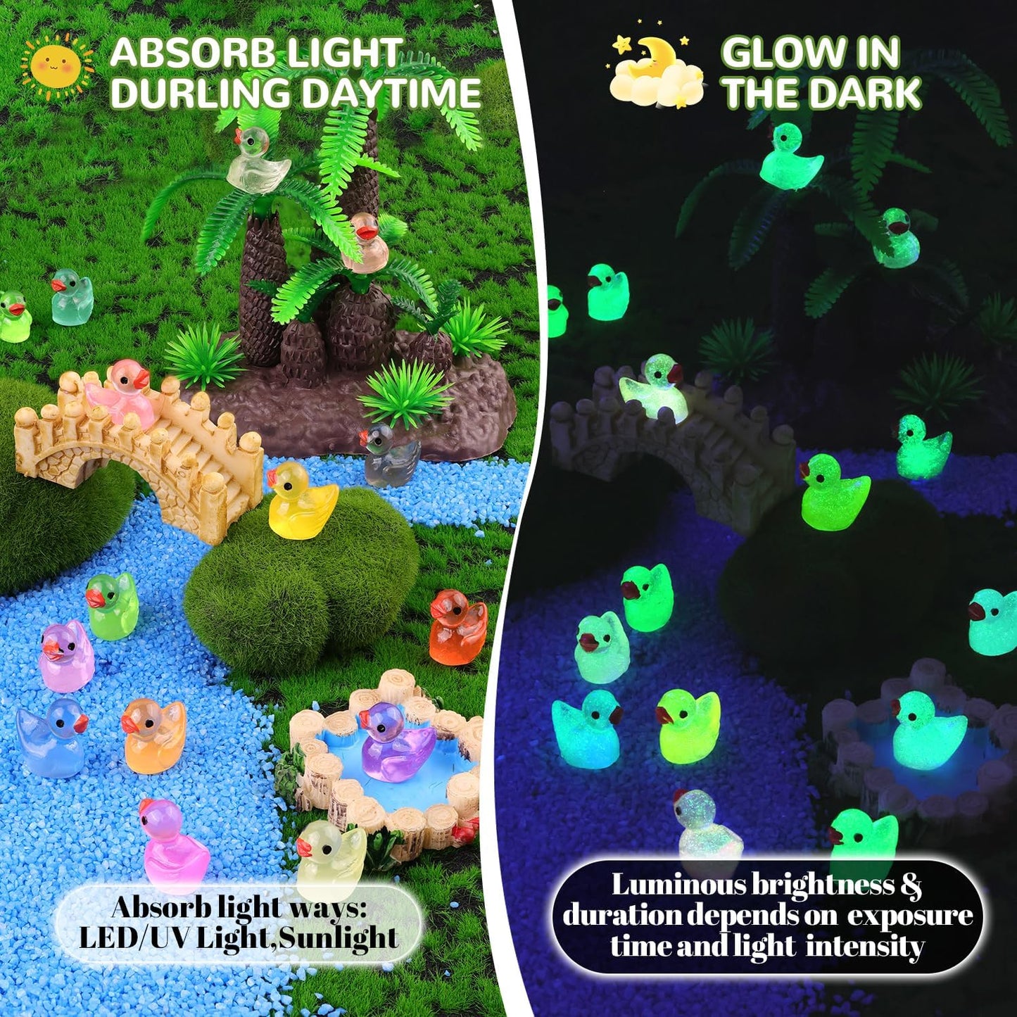 200PCS Mini Resin Animals Cute Tiny Ducks Glow in Dark,Miniature Duck Figures to Hide,Little Animal Toys Small Figurines Bulk for Topper Desk Garden Dollhouse Landscape Ornaments DIY Crafts & Decor