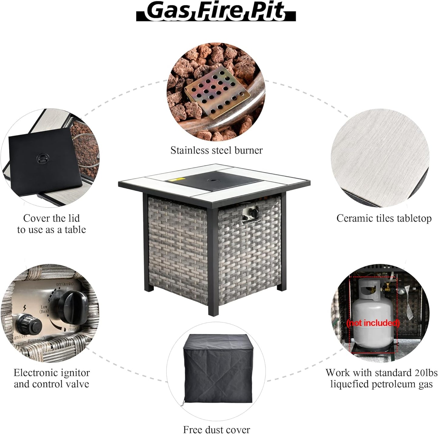 HOOOWOOO 9 Piece Modular Patio Outdoor Sectional Furniture Set with Gas Propane Fire Pit Table,Wicker Conversation Sofa Set with Swivel Chairs,Outside Couch Set(Black)