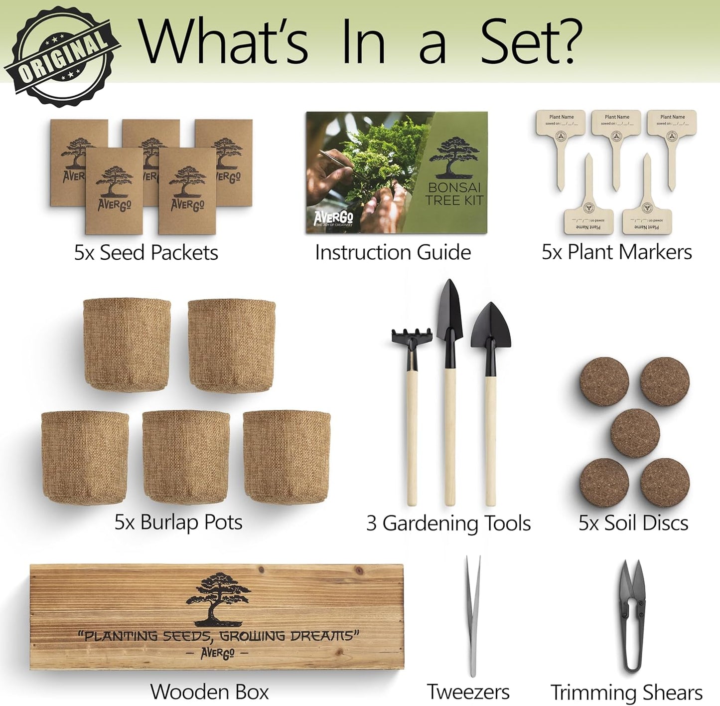 Bonsai Tree Kit for Beginners – 5X Unique Japanese Bonzai Trees | Complete Indoor Starter Kit for Growing Bonsai Plants with Tools & Planters – Gardening Gifts for Women & Men