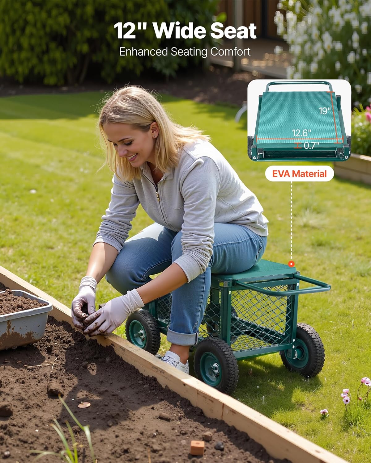 VEVOR Rolling Garden Cart with Seat, Metal Rolling Garden Work Seat with Wheels, Supports up to 400 LBS, Heavy Duty Gardening Cart Scooter, Outdoor Wagon & Stool on Wheels for Lawn, Patio, Backyard