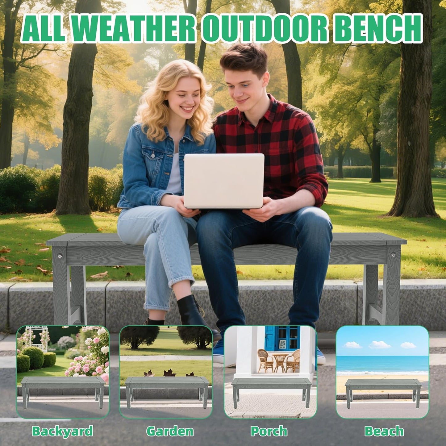 51" HIPS Outdoor Bench Weatherproof,All-Weather 2-Person Patio Dining Bench Holds up to 800LBS,Poly Lumber Garden Bench,Never Rot or Fade, Park Bench with Wood Grains for Porch, Garden, Deck, Entryway