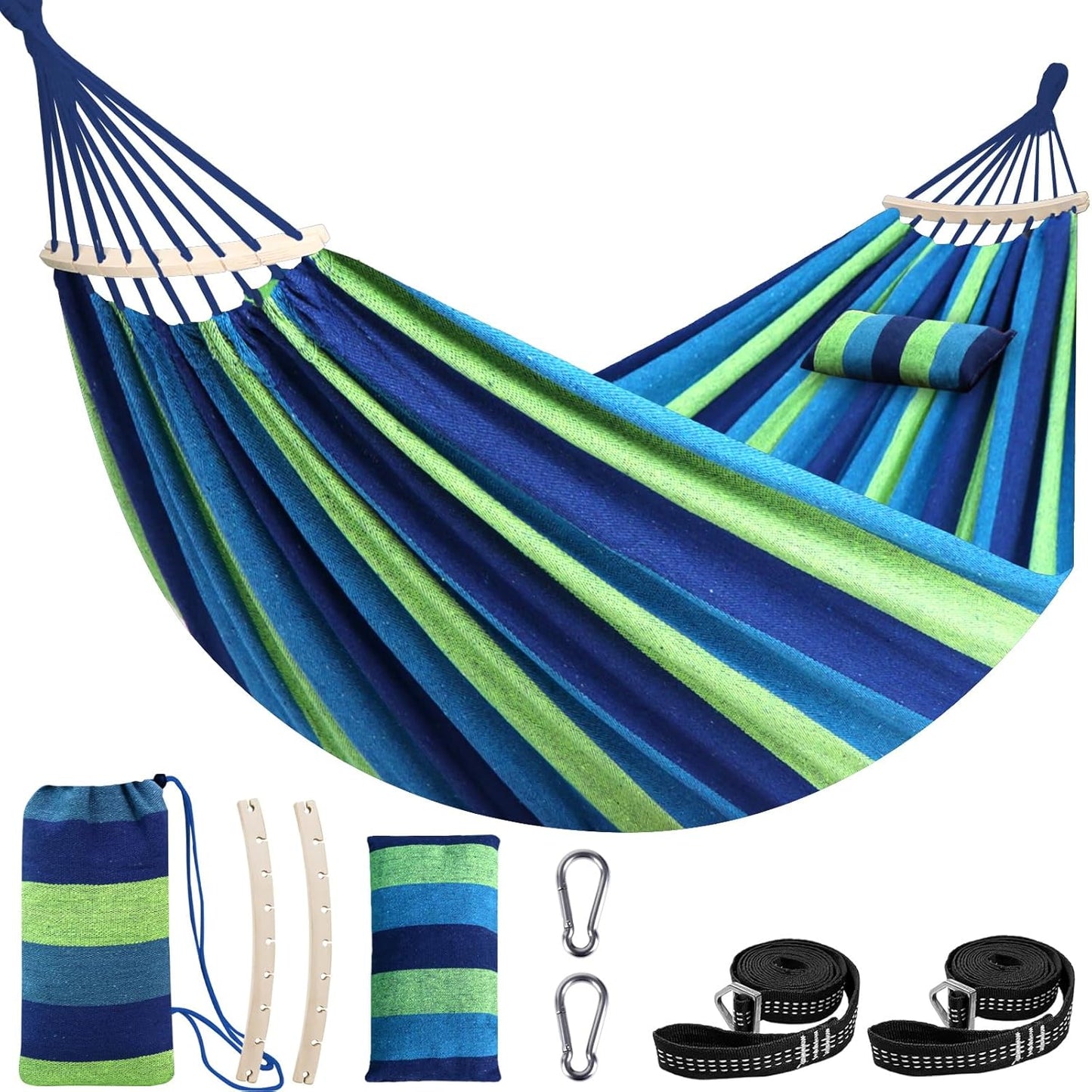 Chihee Cotton Hammock Large Soft Breathable Camping Hammock Holds Up to 660lbs Portable Tree Hammock with Detachable Spreader Bar Pillow 2 Strong Webbings 2 Carabiners Patio Garden Indoor Outdoor