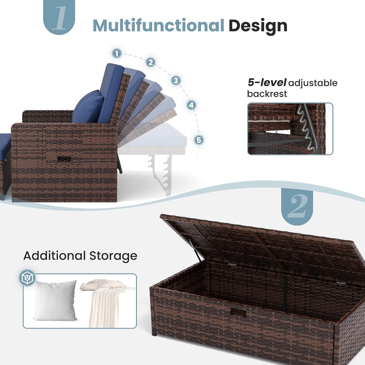 Amopatio Wicker Outdoor Daybed - Outdoor Loveseat with Storage Ottoman,4-Level Adjustable Backrest & Cushions, Patio Loveseat for Yard, Balcony, Porch, Garden, Poolside（Navy）