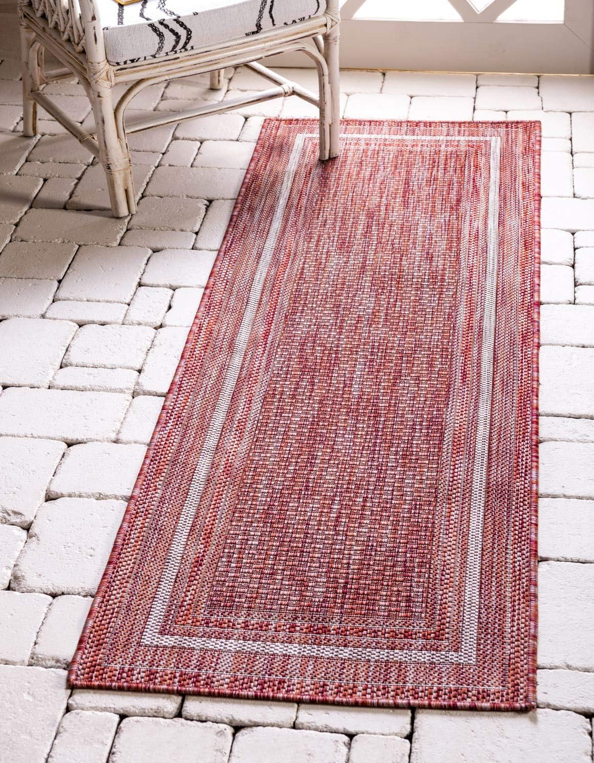 Unique Loom Outdoor Border Collection Area Rug - Soft Border (2' x 6' 1" Runner, Rust Red/ Ivory)
