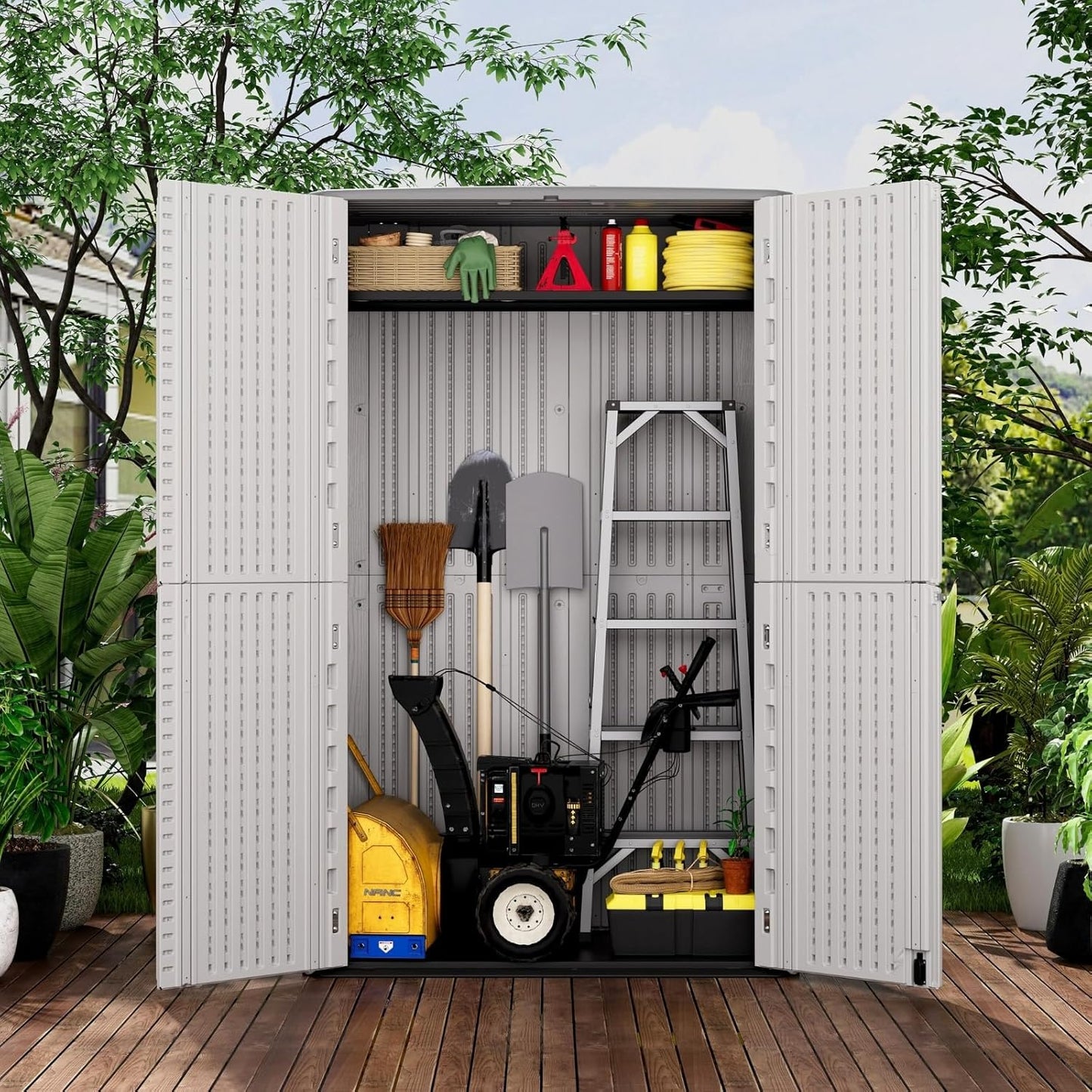 ZZM Large 67 Cu.ft Waterproof Storage Shed, Outdoor Storage Cabinet，Durable Resin Storage for Patio Furniture, Garden Tools, Pool Accessories, Mower Storage (White)