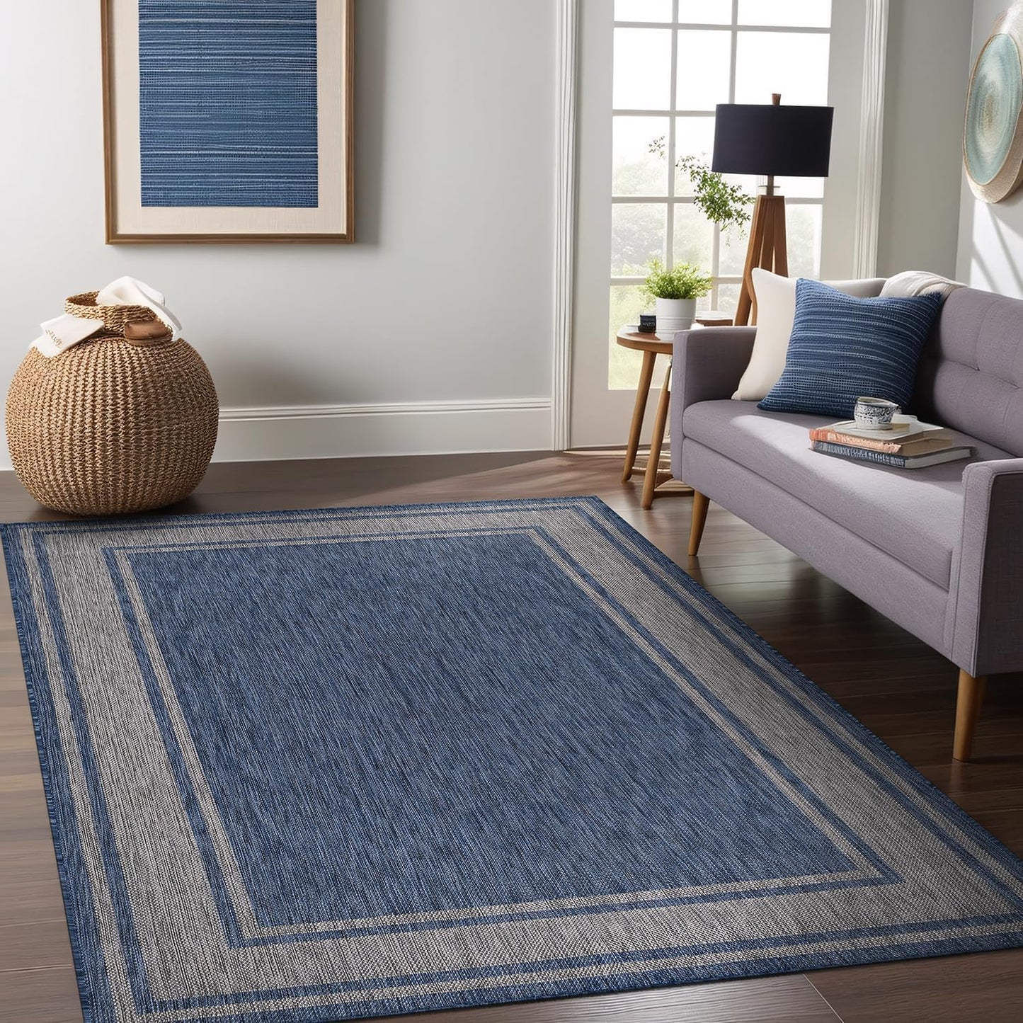 Beverly Rug Large Outdoor Rug 10x14 Modern Bordered Area Rugs for Indoor and Outdoor Patio Deck Porch Garden Waterproof Weather Sun Resistant Washable Outside Carpet (10 x 14 Navy)