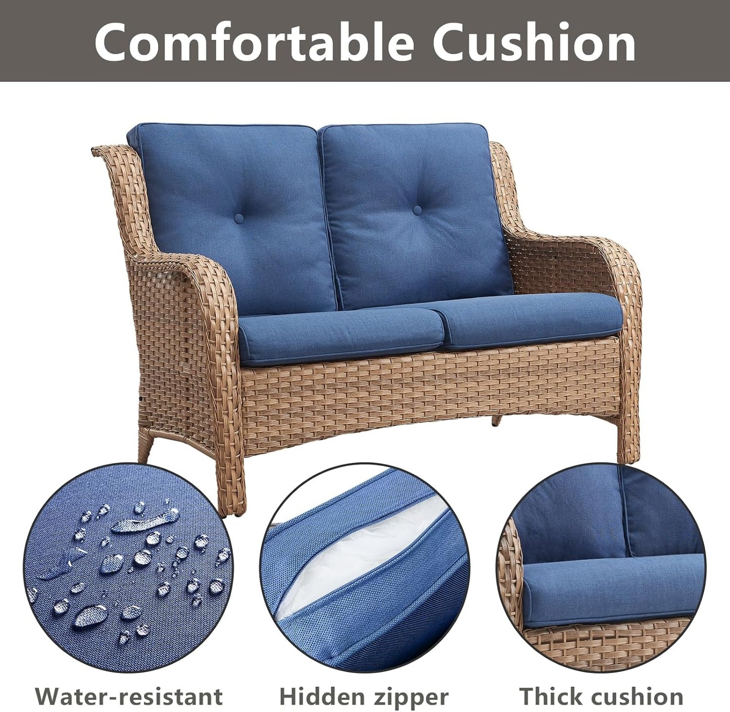 Outdoor Wicker Patio Furniture Set - 6 Piece Rattan Patio Conversation Set with 2 Rocking Swivel Chairs,2 Ottomans,1 Loveseat and 1 Side Table for Porch Deck Backyard Garden(Yellow/Blue)