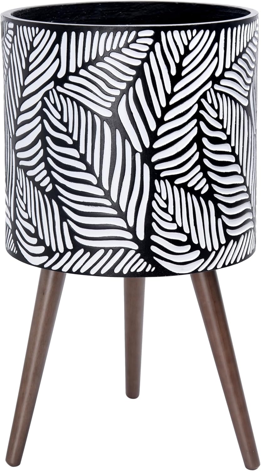 D'vine Dev 14 Inch Planter Pot with Stand, Mid-Century Tall Plant Pot with Legs for Indoor Plants, X-Large, White/Grey, 88-L-D-7