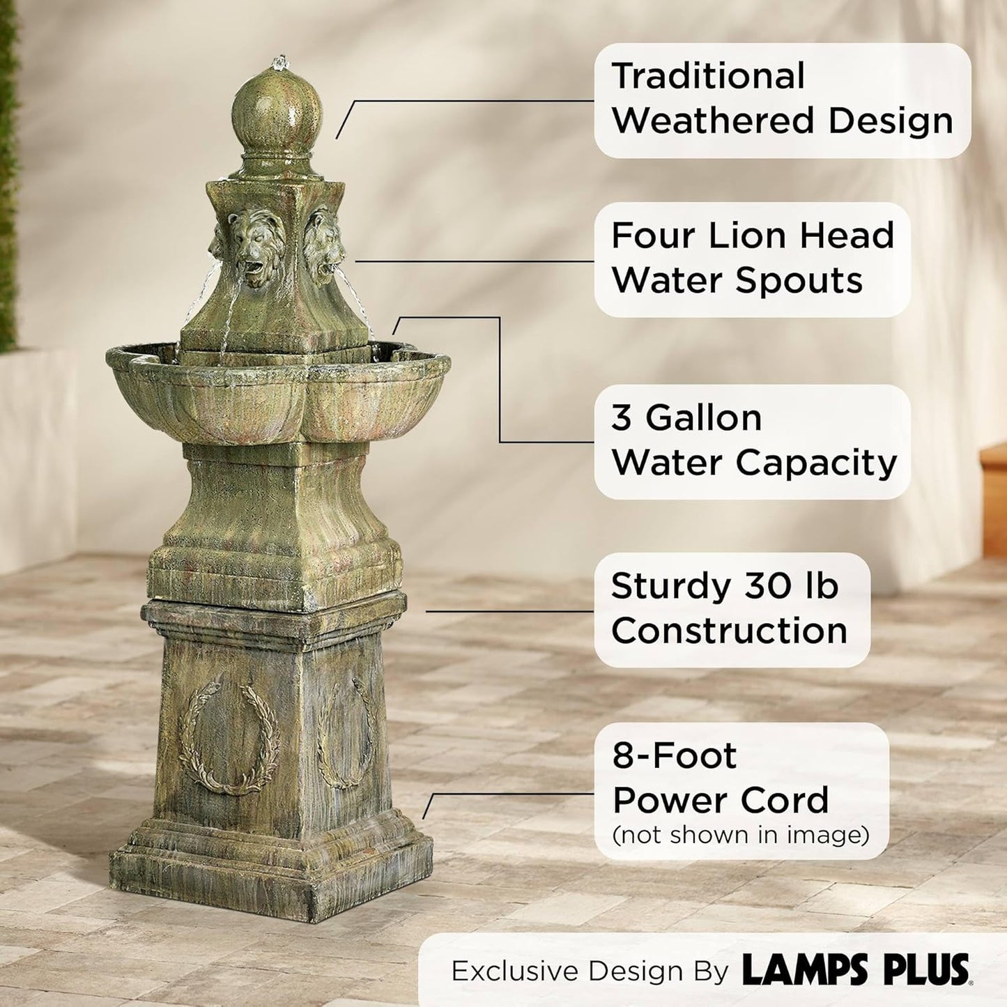 Royal Lion 54" High Large Italian Outdoor Decor Faux Stone Floor Fountain Standing Pedestal Tall Bubbler Water Feature for Outside Garden Patio Yard Backyard Porch Deck Relaxation - John Timberland
