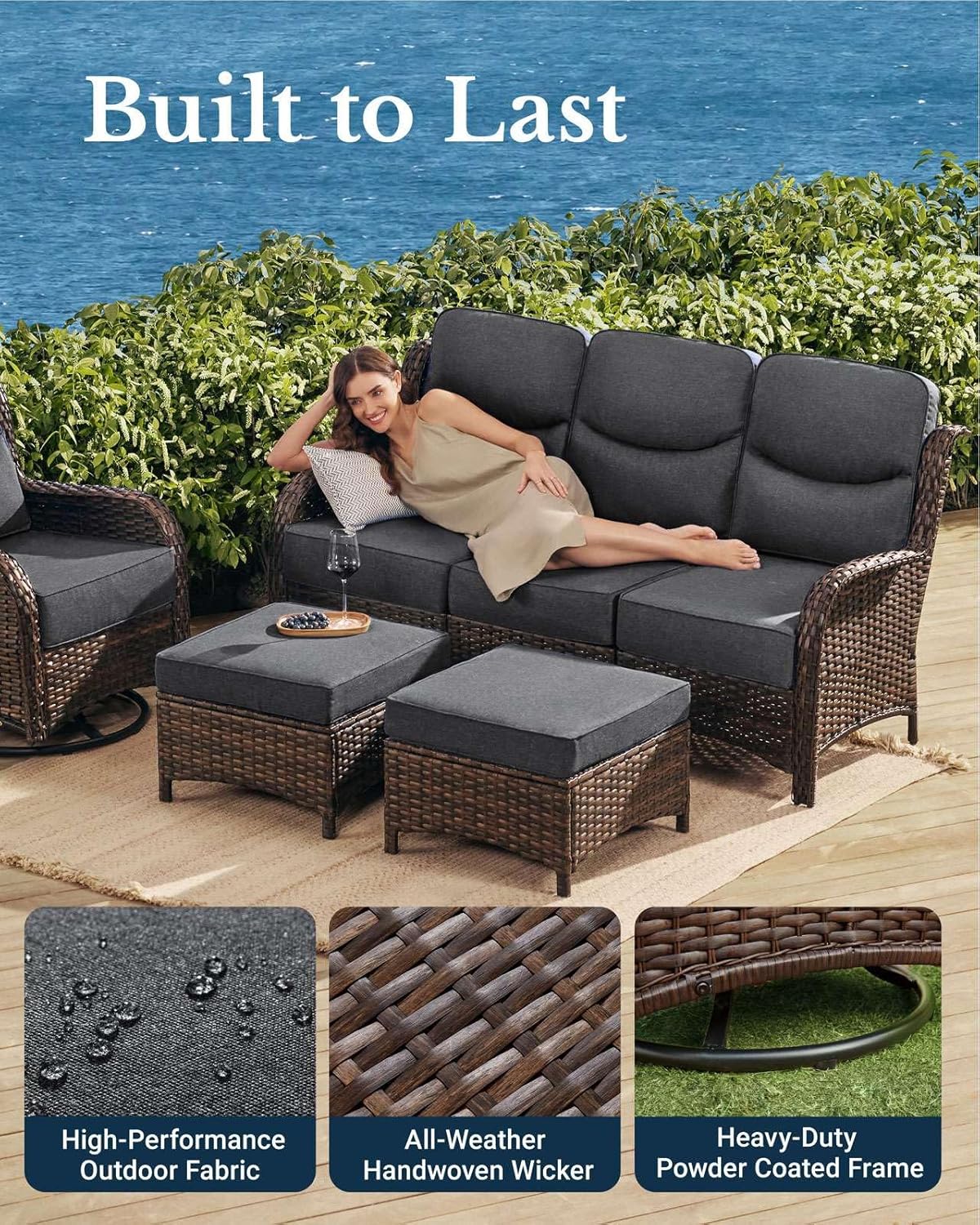 HILLGA Luxury Patio Furniture Set with 6-Inch Thick Cushions, High Back Outdoor Swivel Rocker Chairs and Patio Couch, 13-Piece All Weather Conversation Set for Porch Deck Pool Yard, Dark Grey (V3)