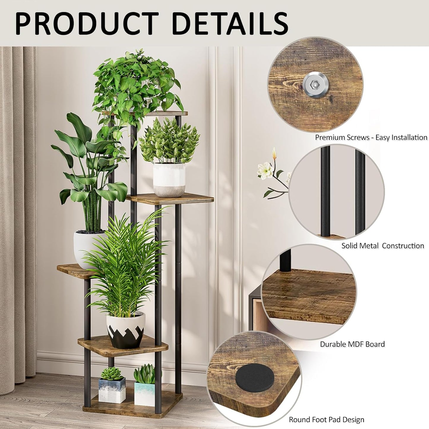 5 Tier Wood Tall Plant Stand Metal Rack Indoor, Multiple Flower Pot Holder Shelves Corner Rack, Planter Shelf Display Rack Storage Organizer for Patio Living Room Balcony Garden(Black)