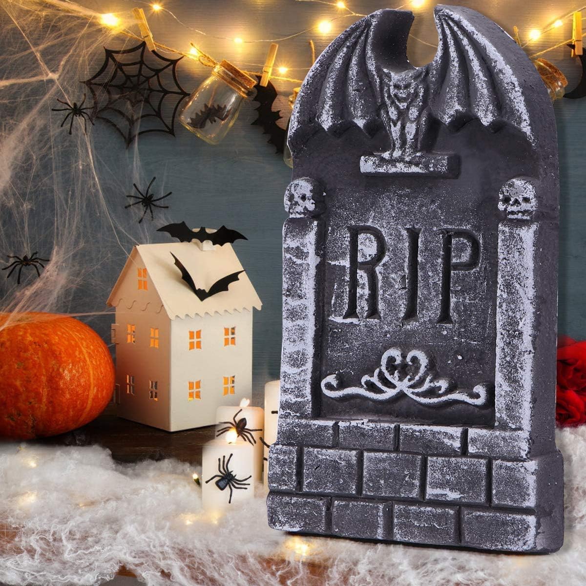 17” Halloween Foam RIP Graveyard Tombstones, 5 Pack Tombstone with 10 Metal Stakes for Halloween Decorations