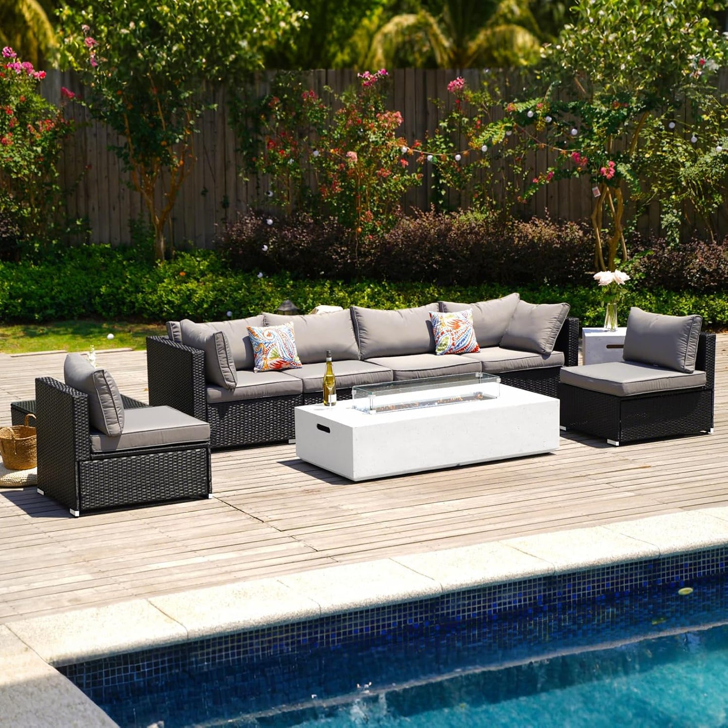 8 Piece Patio Furniture Set - Outdoor Conversation Sets with 56" Fire Table and Coffee Table, Rattan Modular Sofa Set for Garden/Poolside, Grey/Black
