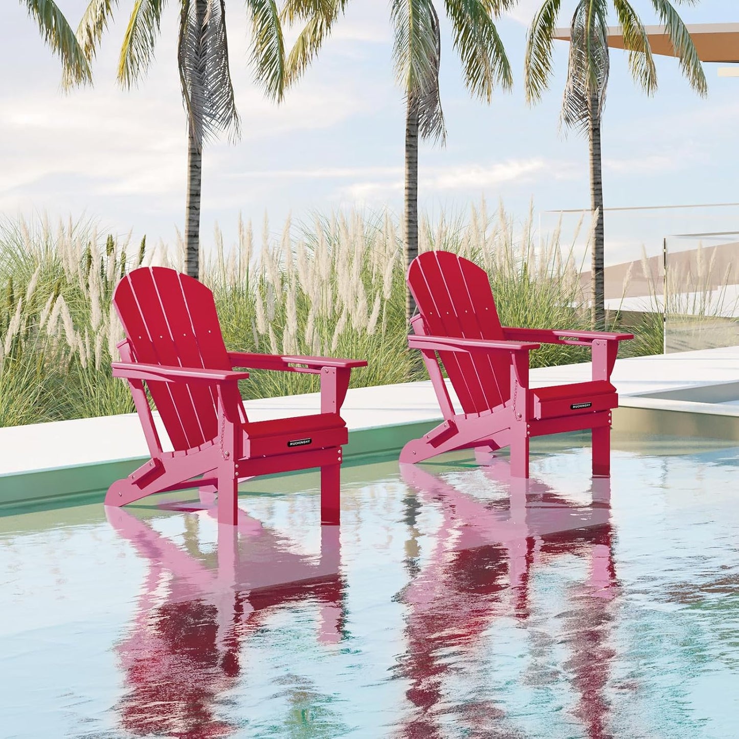 MUCHENGHY Folding Adirondack Chairs, Patio Chairs, Lawn Chairs, Outdoor Chairs, Adirondack Chair Plastic, Fire Pit Chairs, Weather Resistant with Cup Holder for Deck, Backyard, Garden(Red)