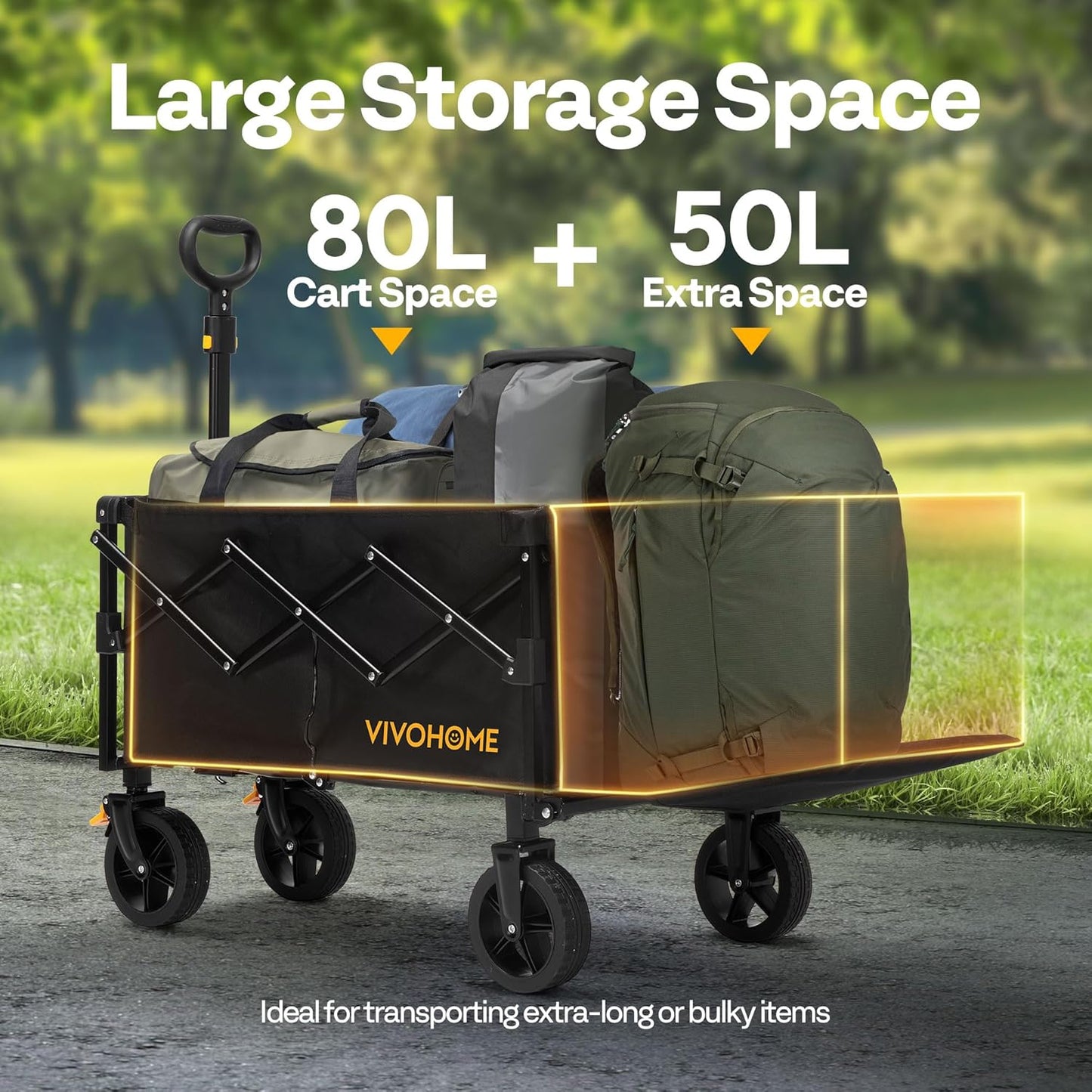 VIVOHOME 130L Collapsible Wagon with Tailgate, 320lb Load-Bearing Outdoor Utility with All-Terrain Wheels, Adjustable Handle, Cup Holders for Camping, Shopping, Garden, Sports, Picnic, Black