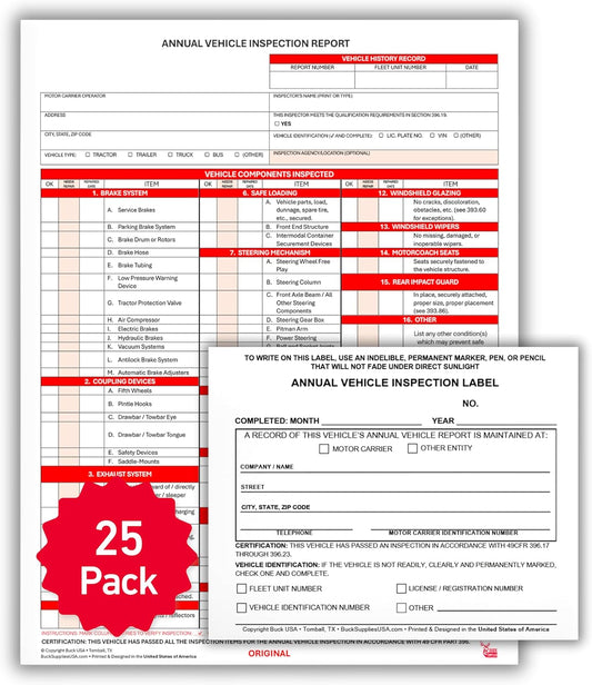 25 Pack 3-Ply Carbonless Annual Vehicle Inspection Report Forms with FMCSA 2-Ply Mylar Laminate Adhesive Vinyl Labels, DOT Inspection Forms and Stickers, Shrink-Wrapped, 8.5" x 11.75" - Made in USA