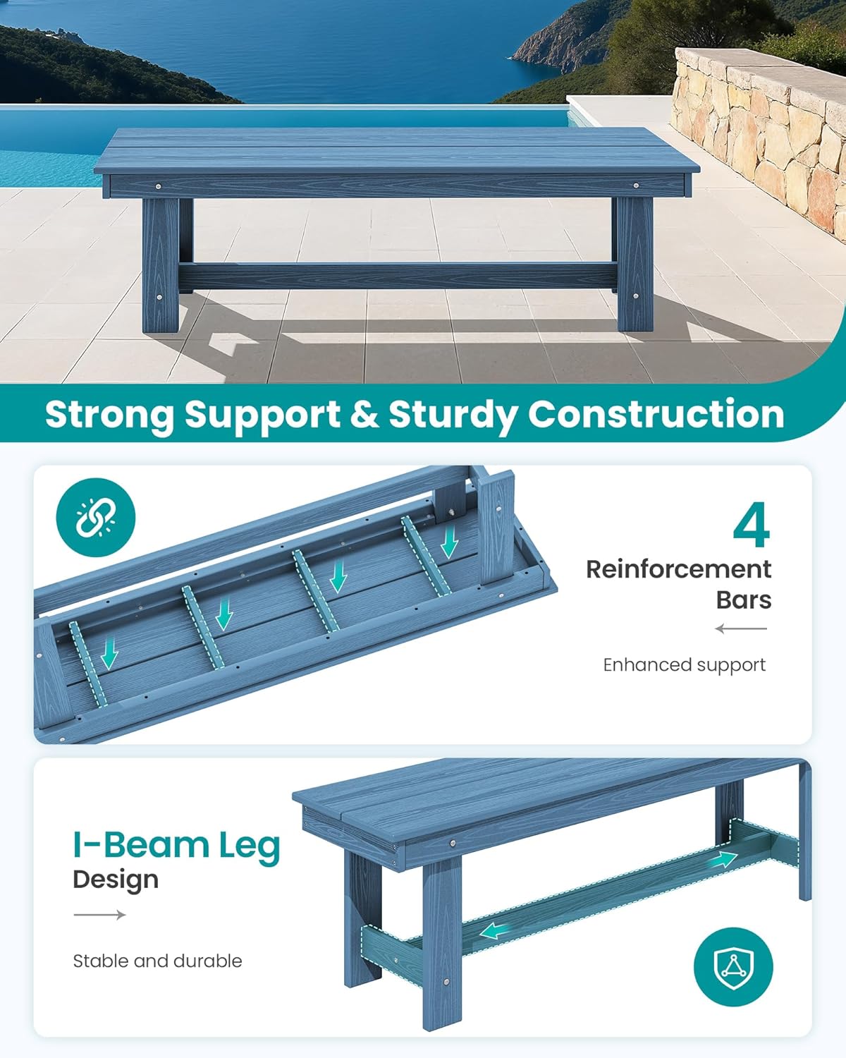 SERWALL 2-Person Outdoor Bench Backless, HDPE Outdoor Benches Weatherproof, 700 Lbs Weight Capacity, Poly Lumber Patio Furniture for Garden, Porch and Park, Navy, 2 Pack